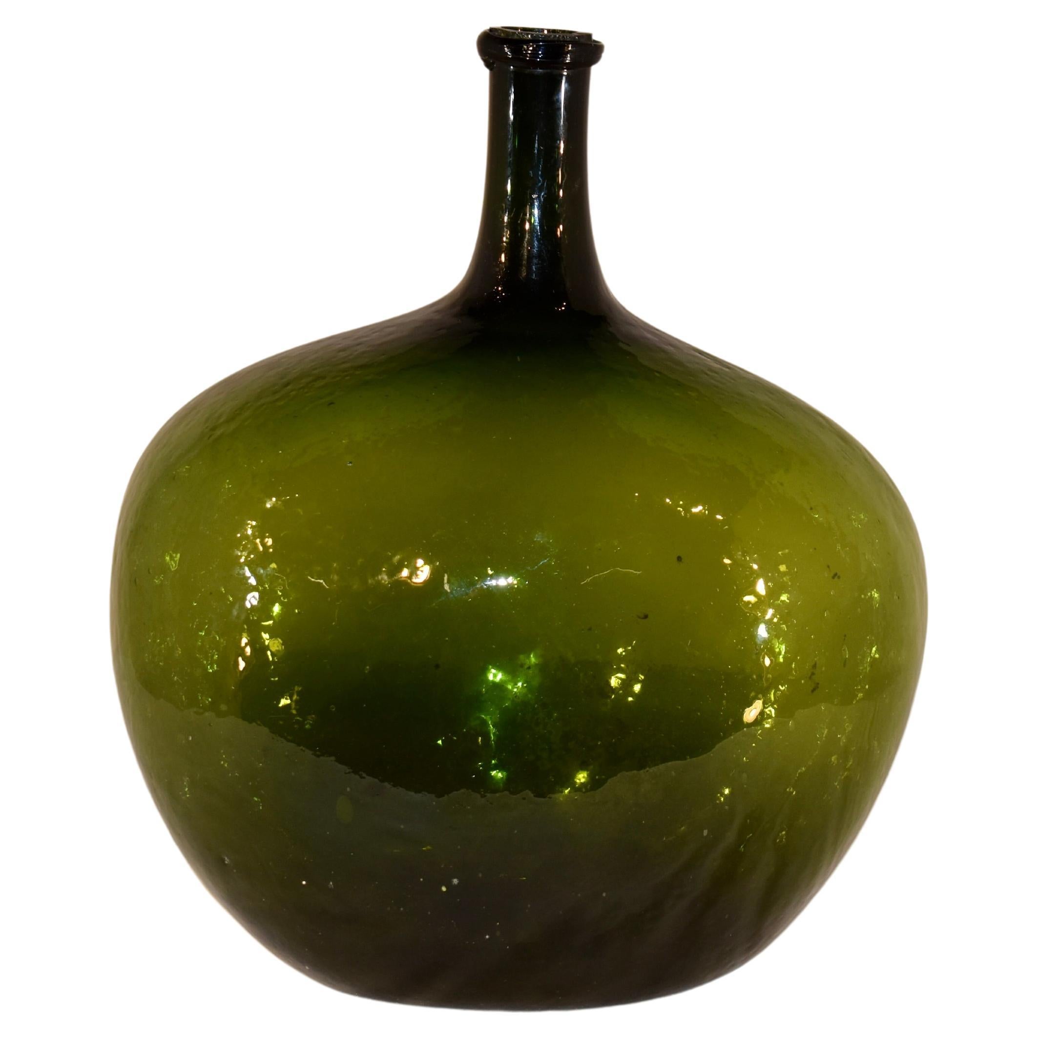 19th Century Hand Blown Green Glass Demijohn Bottle