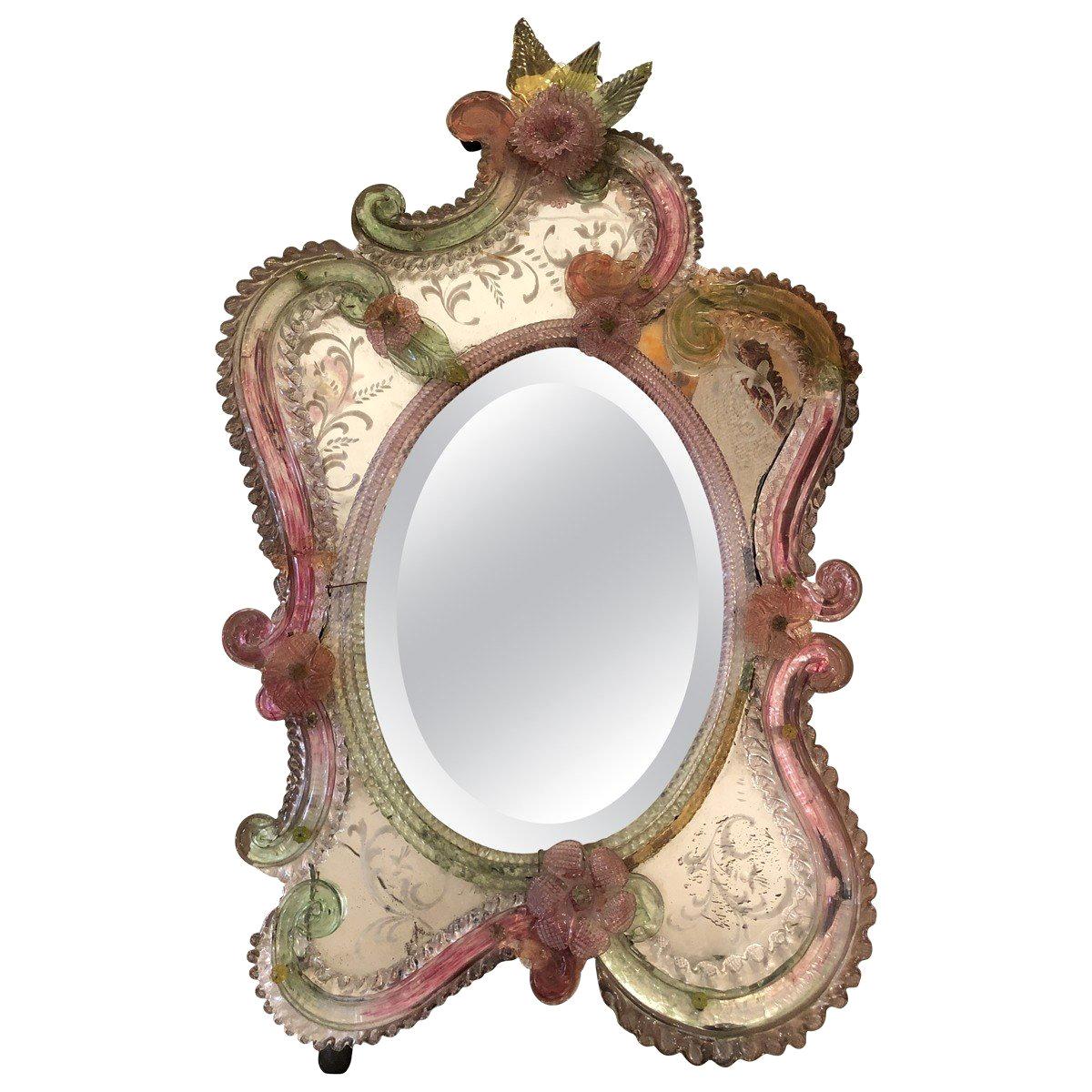 19th Century Hand Blown Murano  Etched Floral Mirror