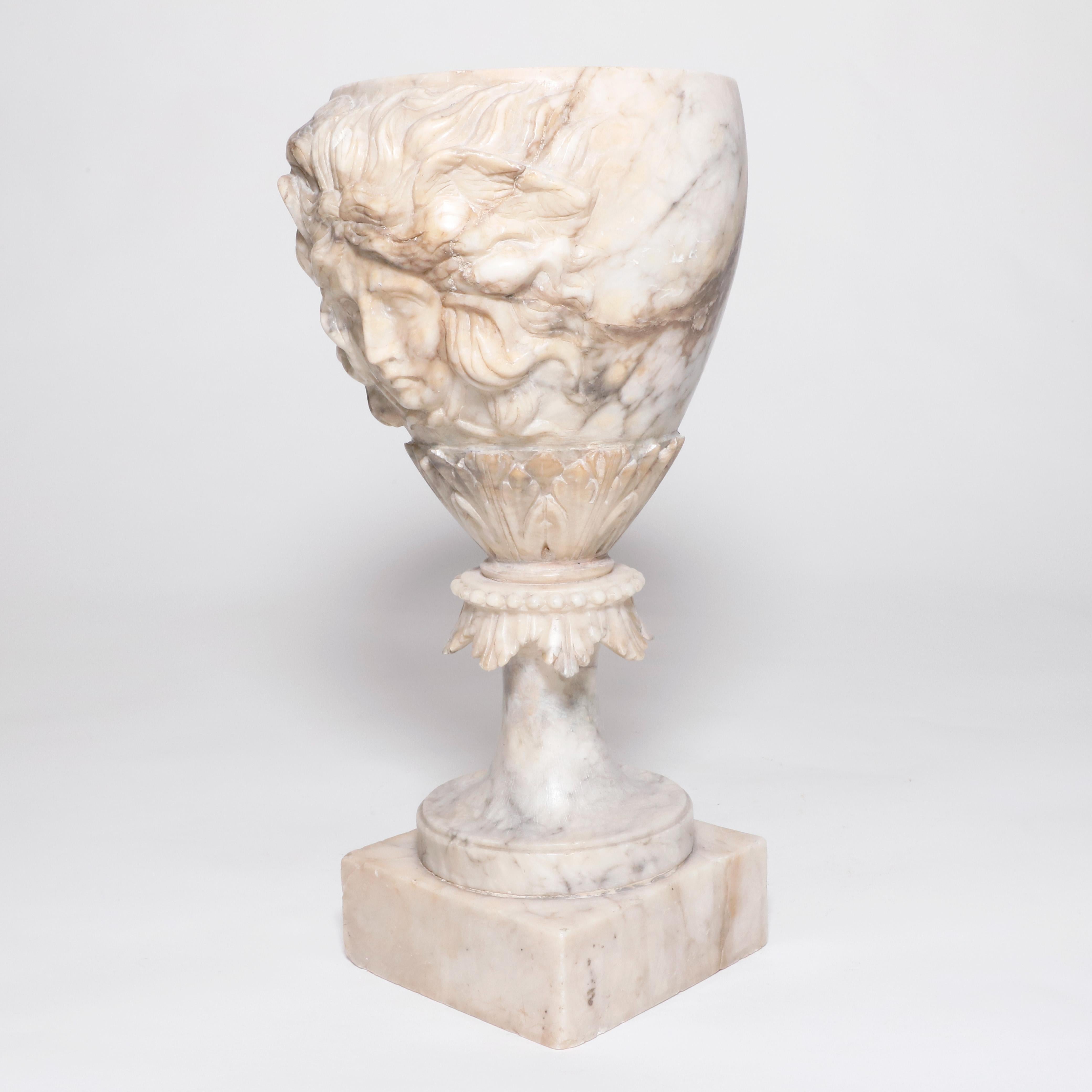 Hand-Carved 19th Century Hand Carved Alabaster Goblets with Dionysus Head For Sale