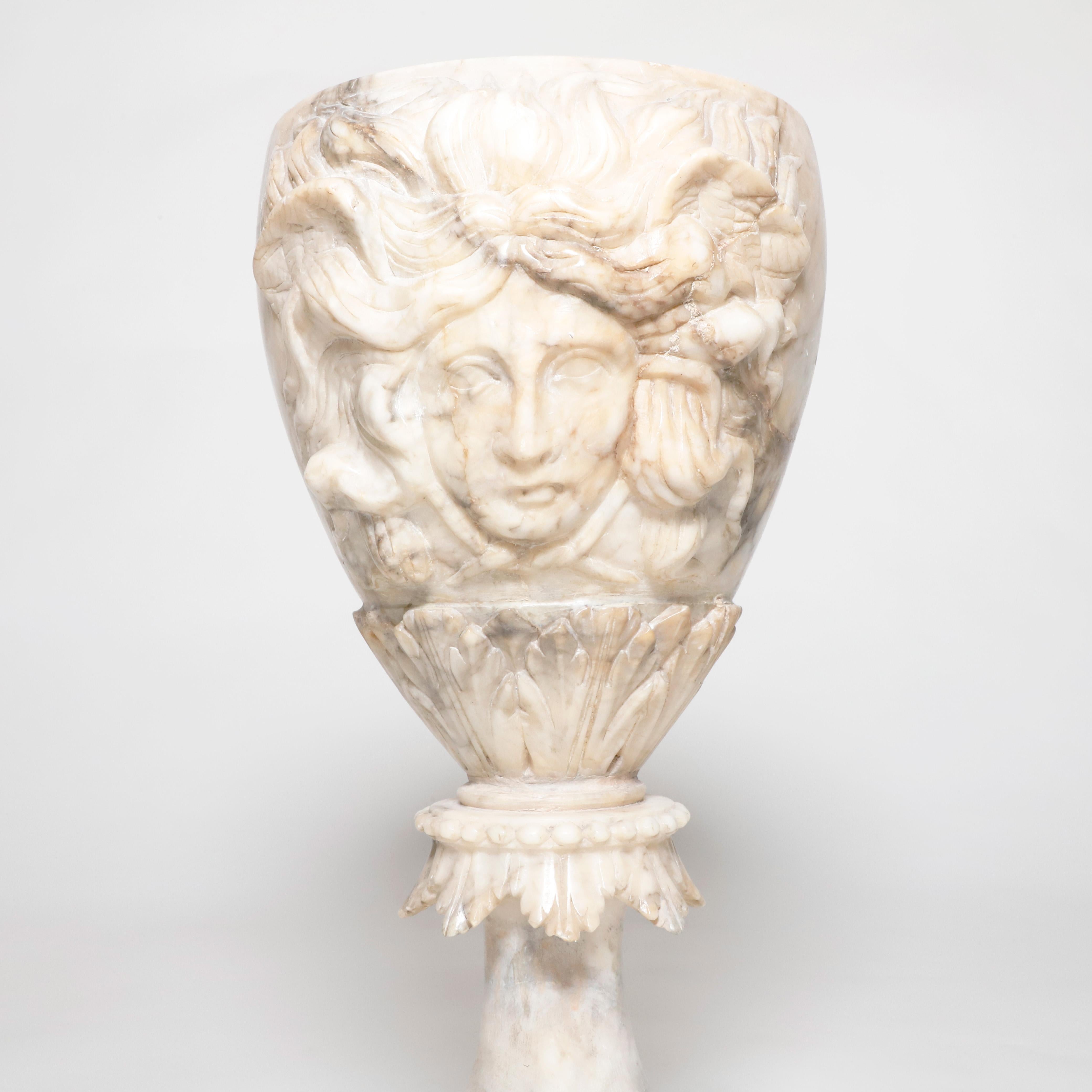 19th Century Hand Carved Alabaster Goblets with Dionysus Head In Good Condition For Sale In New York, NY