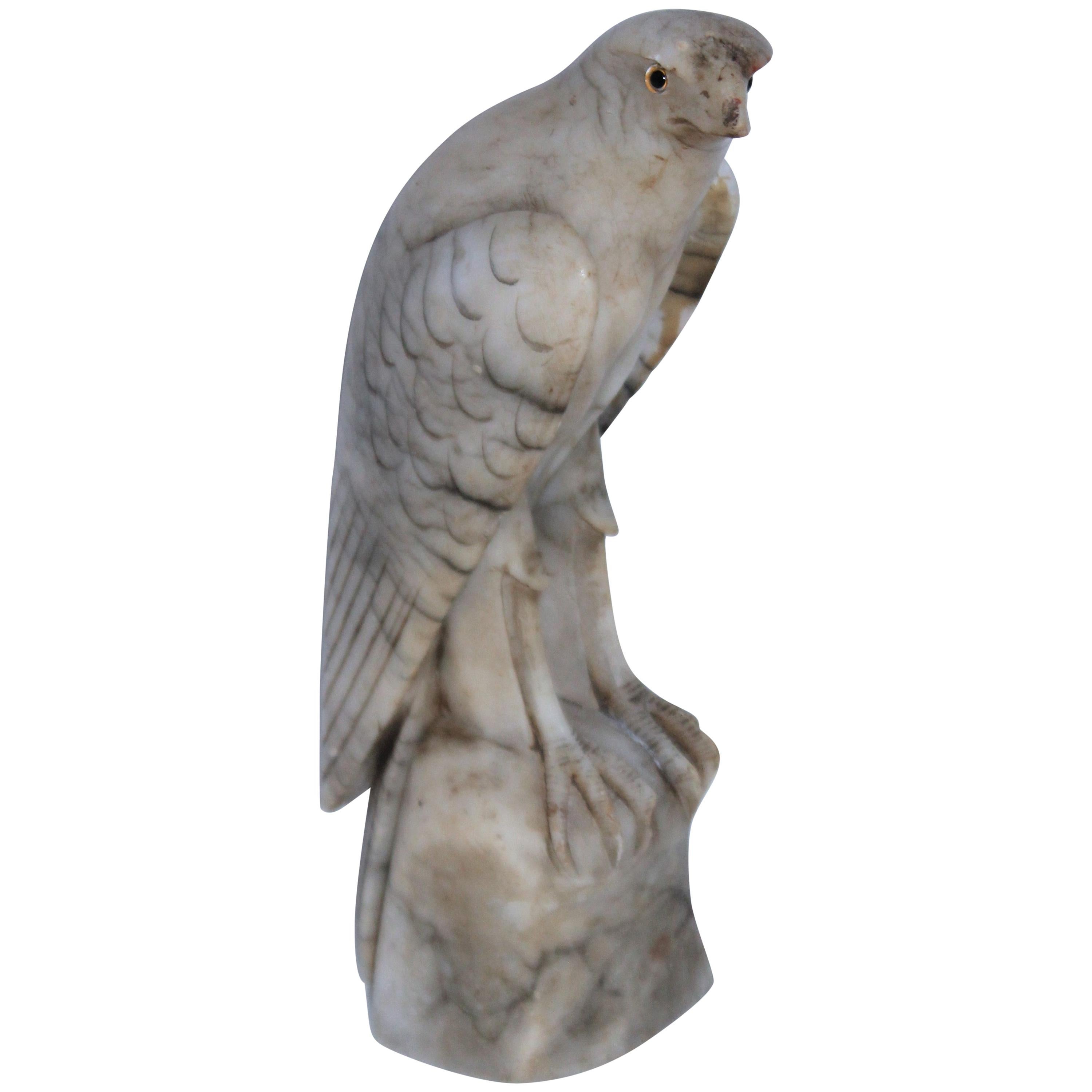 19th Century Hand Carved Alabaster Hawk with Glass Eyes