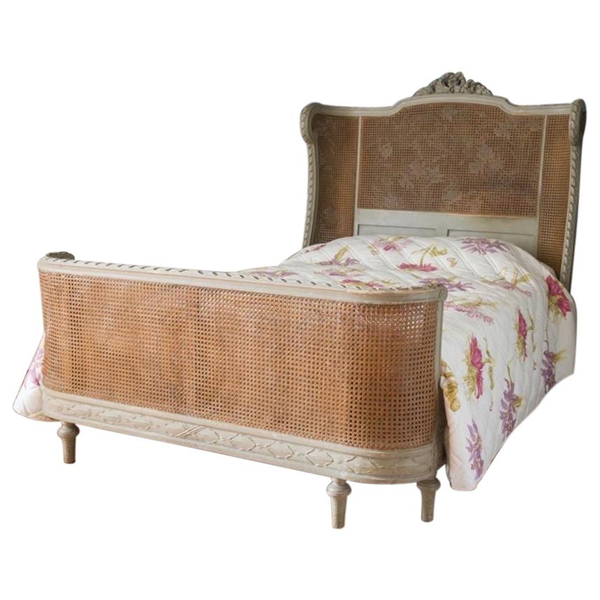 19th Century Hand Carved and Hand Painted Queen Size Bed Frame Louis XVI Style