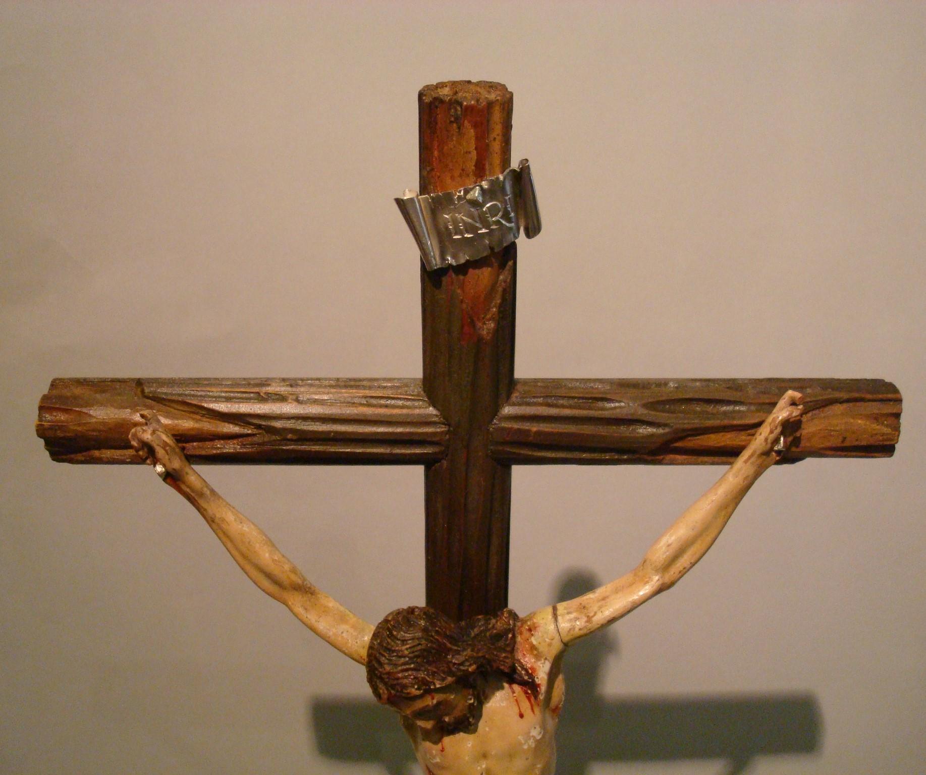 Silver Hand Carved and Polychromed Wood Table Jesus Crucifix, circa 1850-1880