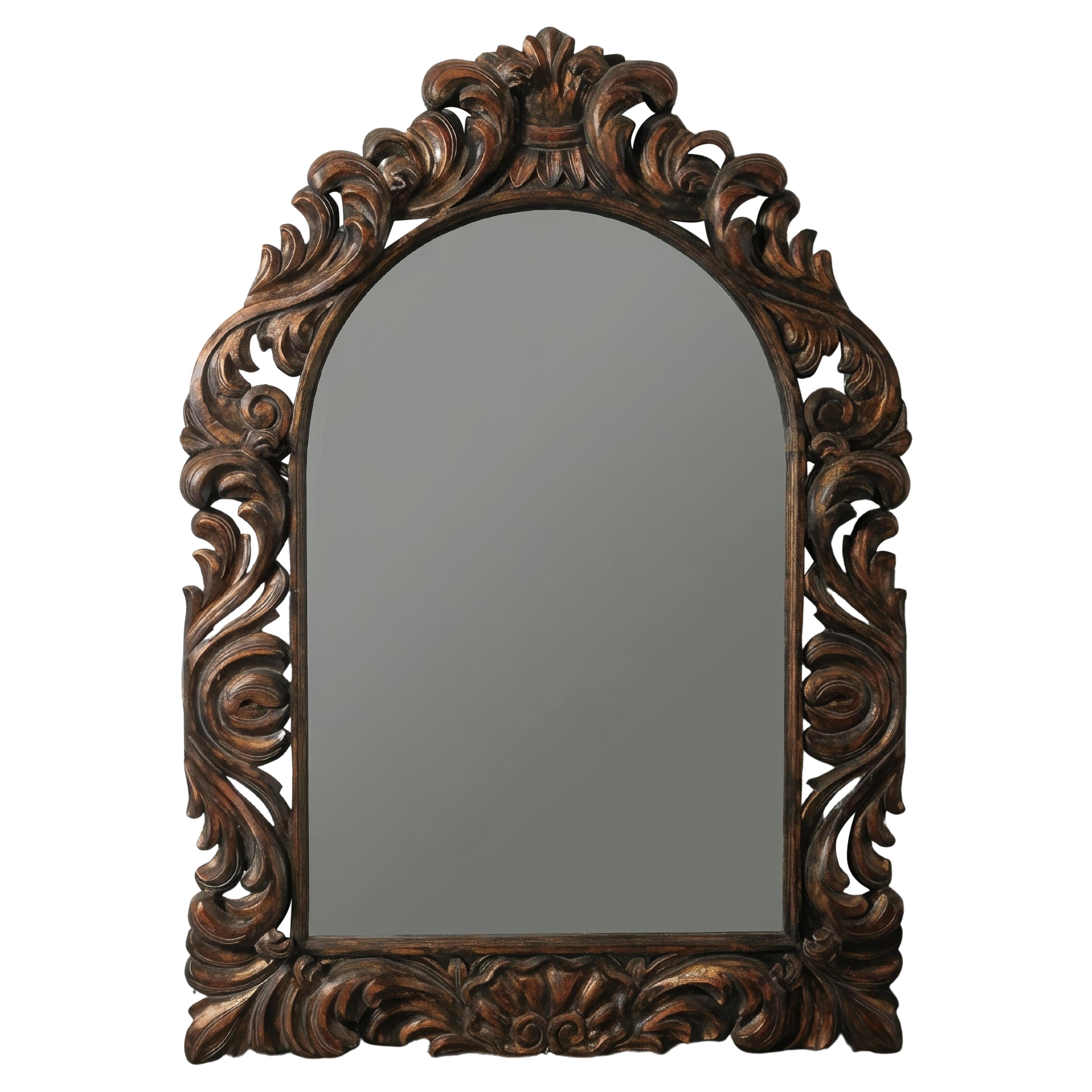 Miroir architectural en Wood Wood du 19e siècle, sculpté à la main, avec cadre à volutes baroques