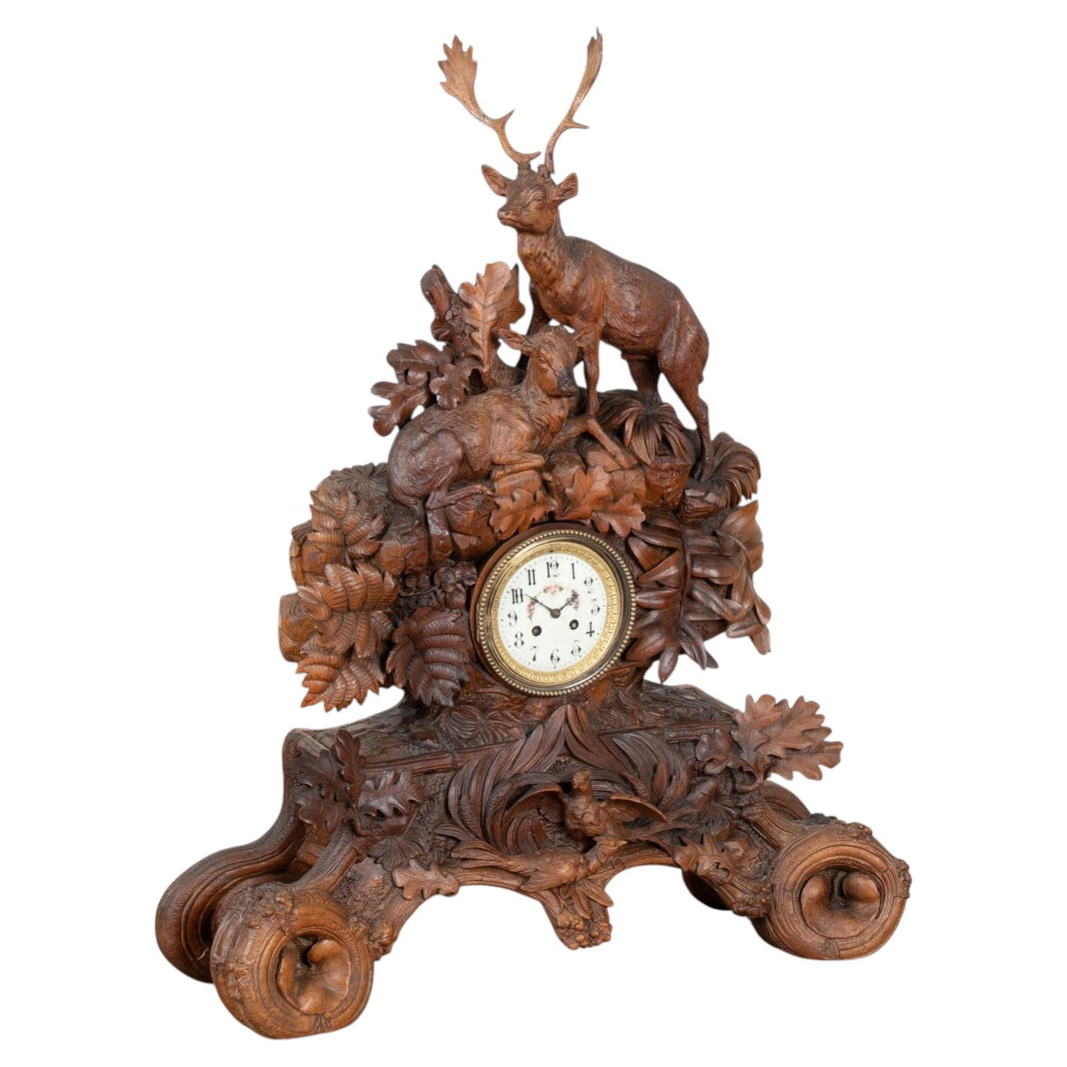 19th Century Hand Carved Black Forest Mantel Game Clock, Germany