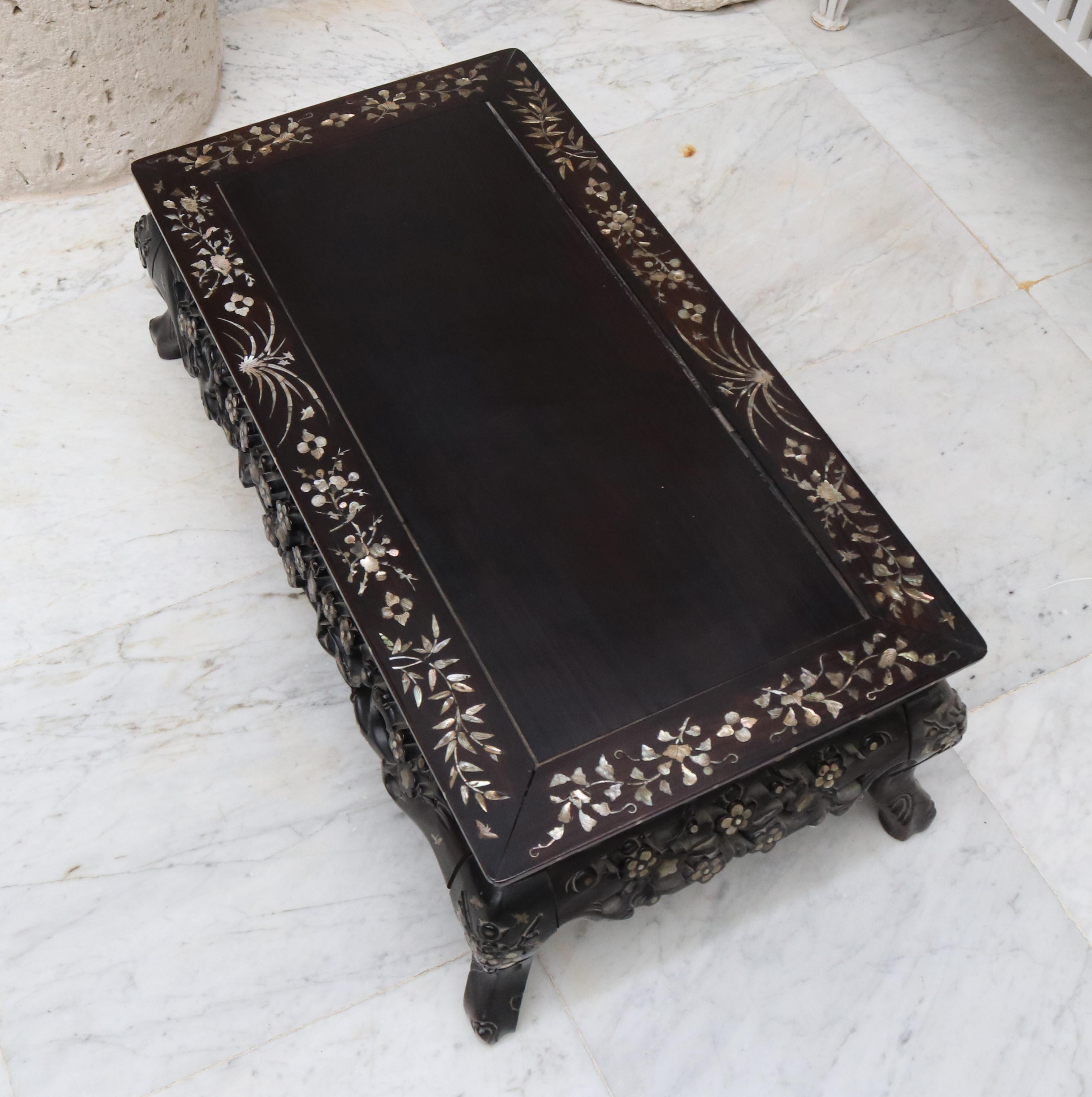 19th Century Hand Carved Chinese Rosewood Table with Mother of Pearl Inlay 7