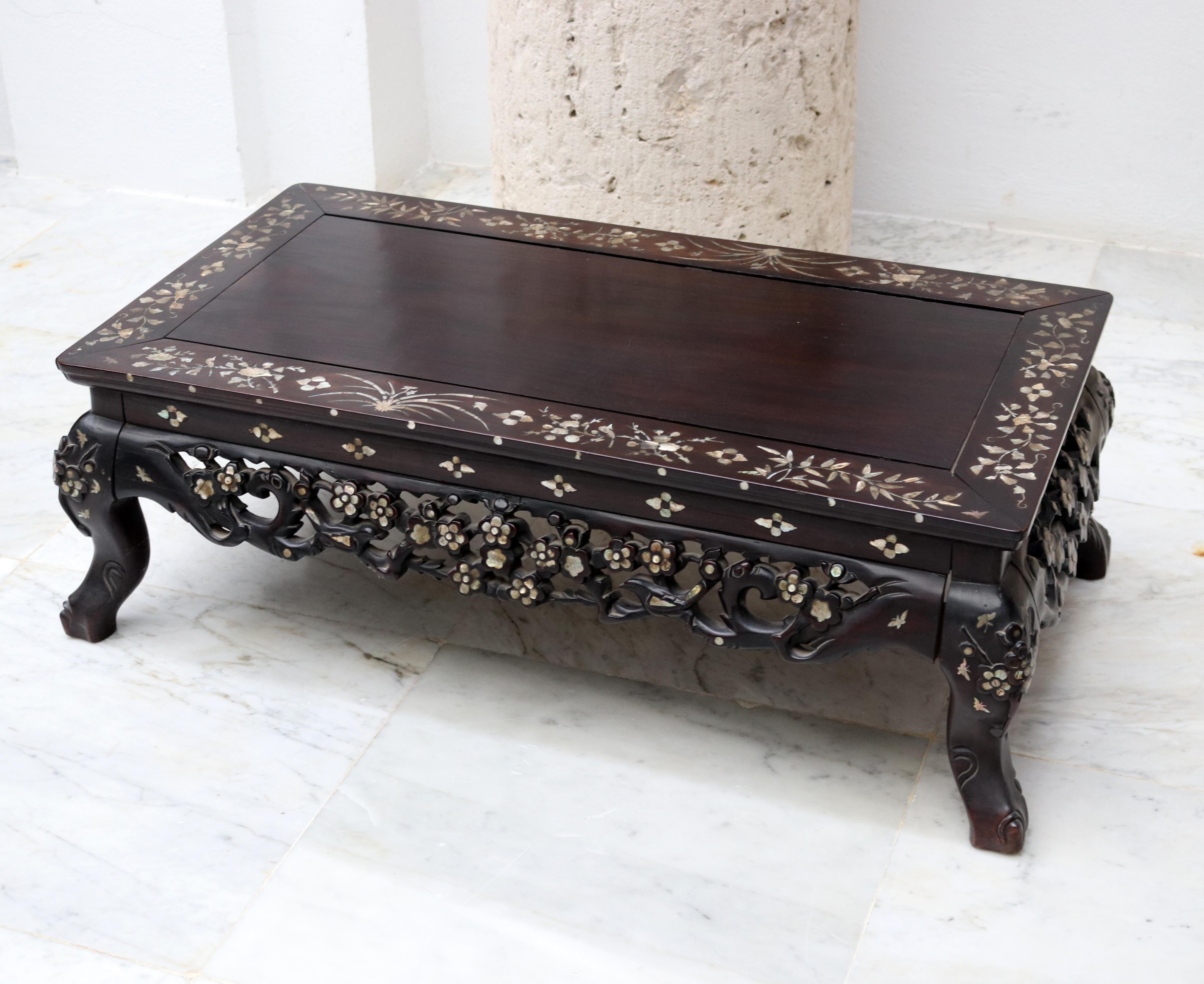 19th Century Hand Carved Chinese Rosewood Table with Mother of Pearl Inlay 1