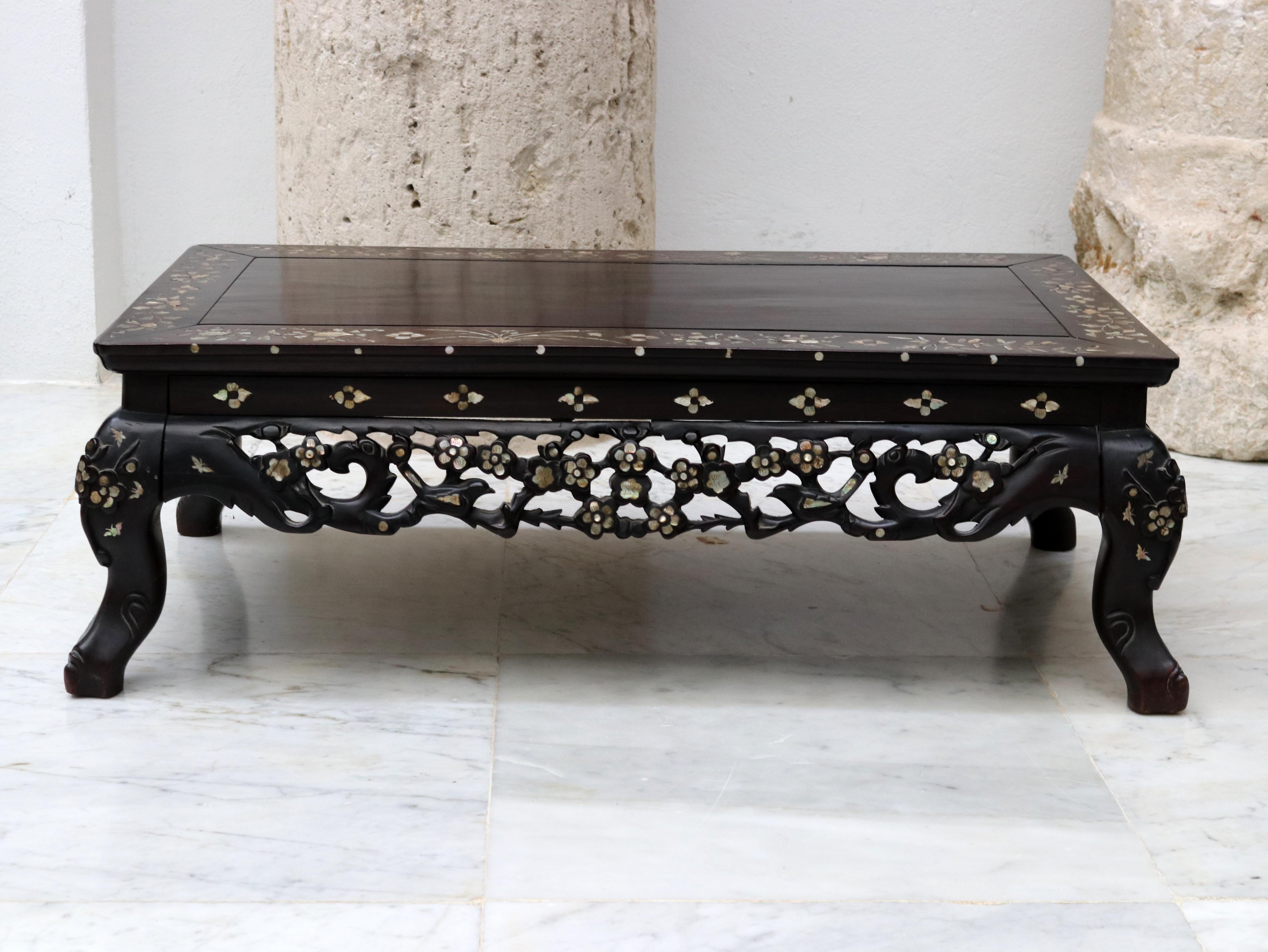19th Century Hand Carved Chinese Rosewood Table with Mother of Pearl Inlay 2