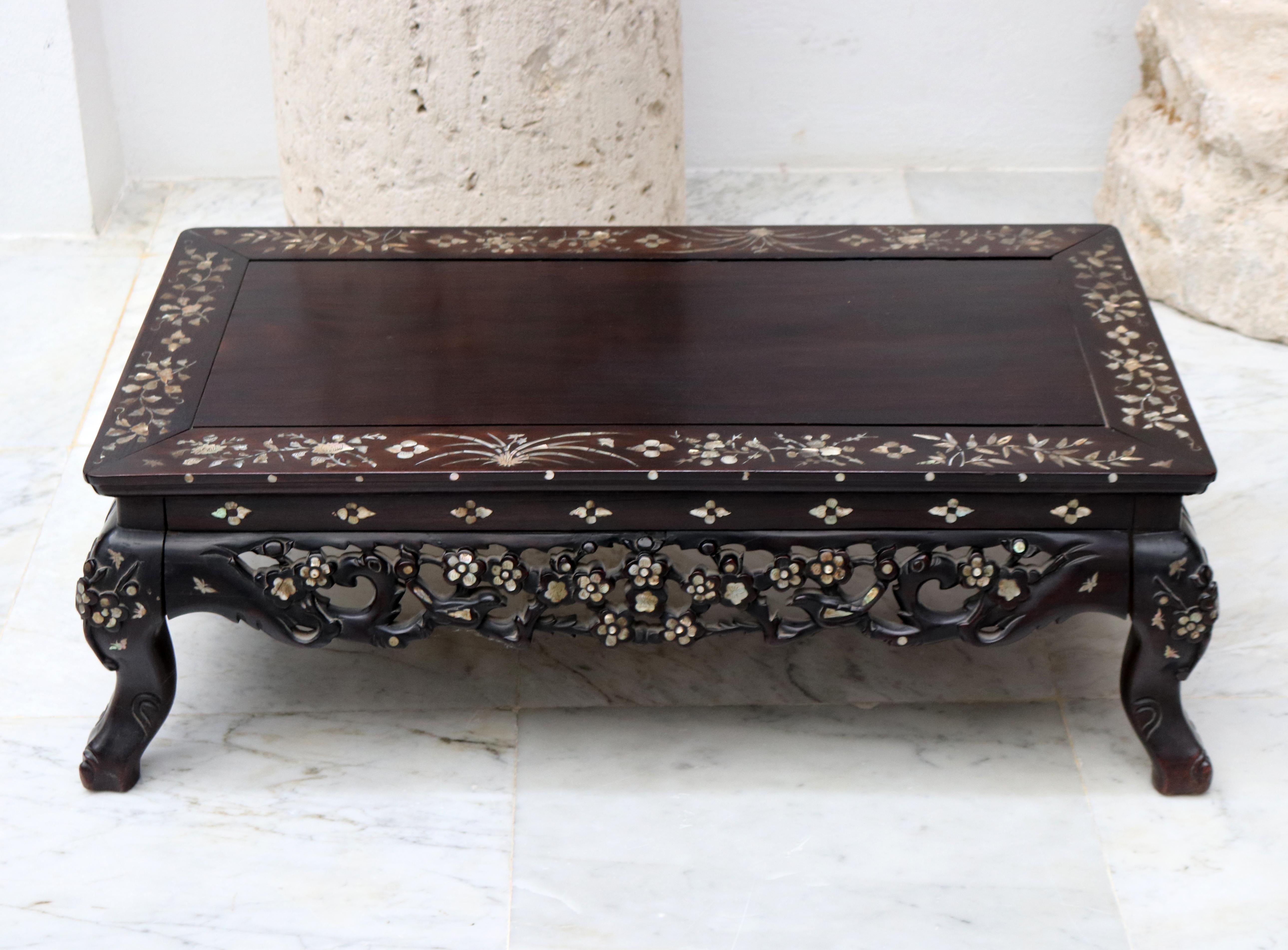 19th Century Hand Carved Chinese Rosewood Table with Mother of Pearl Inlay 3