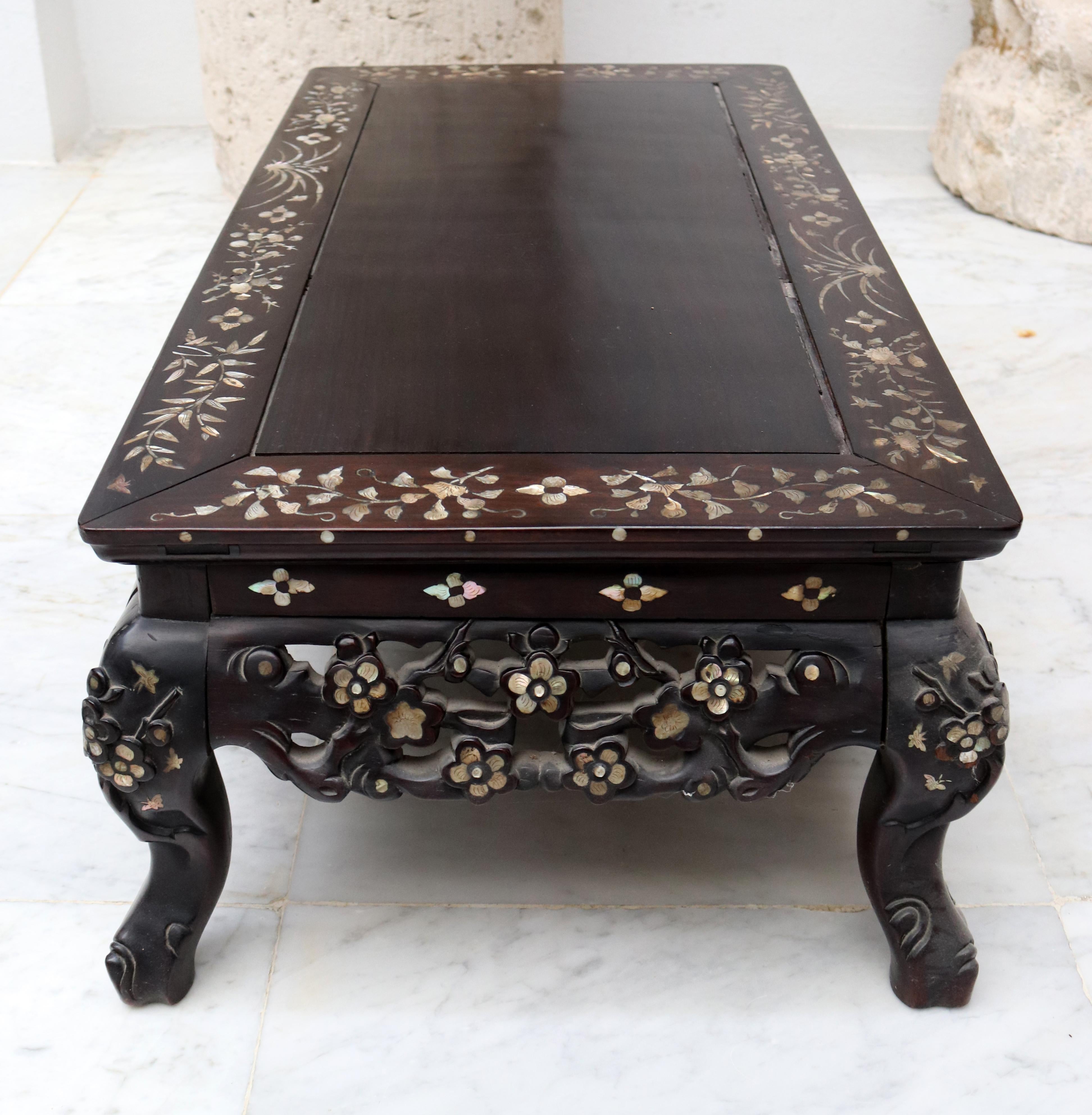 19th Century Hand Carved Chinese Rosewood Table with Mother of Pearl Inlay 4