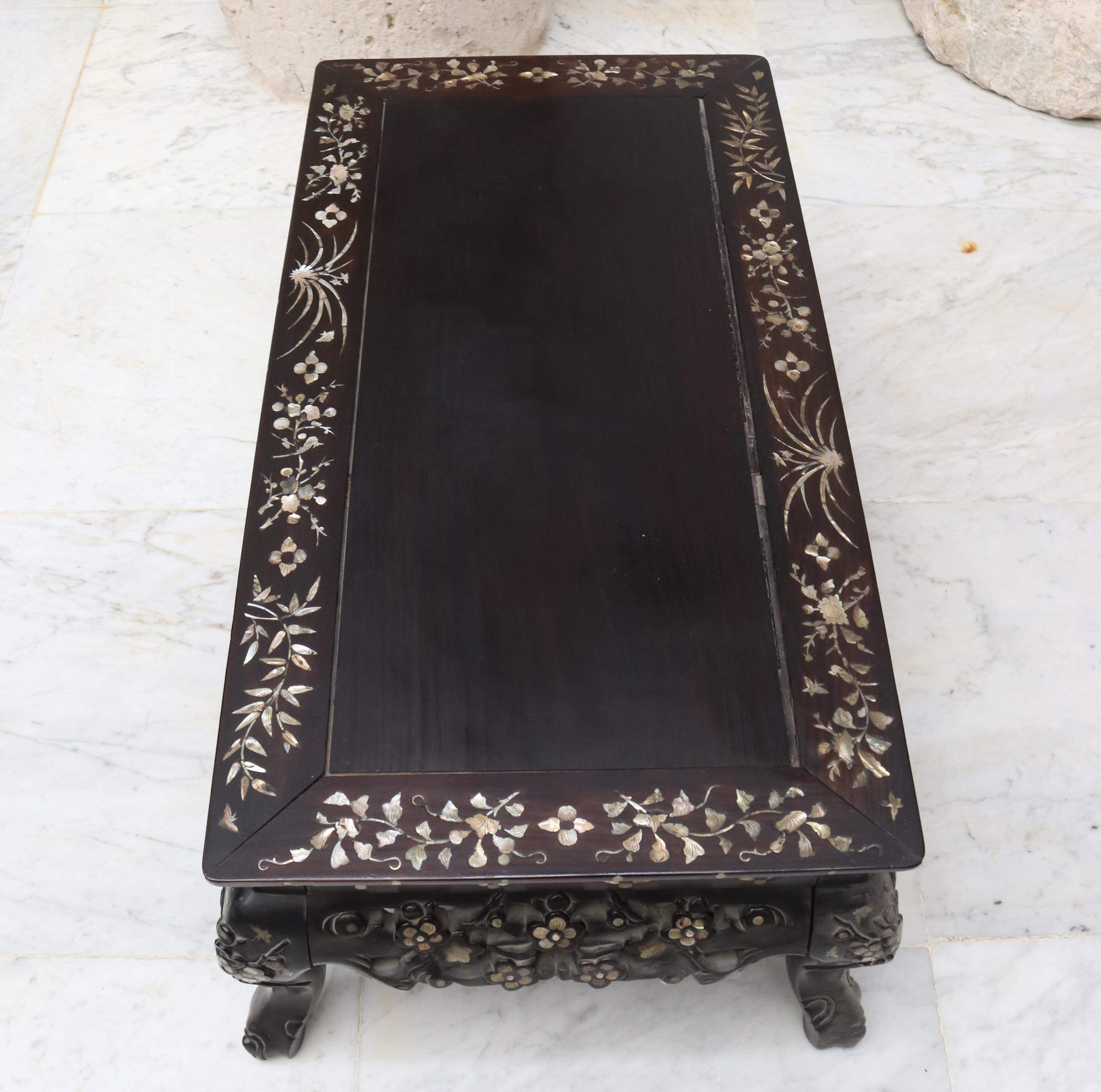 19th Century Hand Carved Chinese Rosewood Table with Mother of Pearl Inlay 5