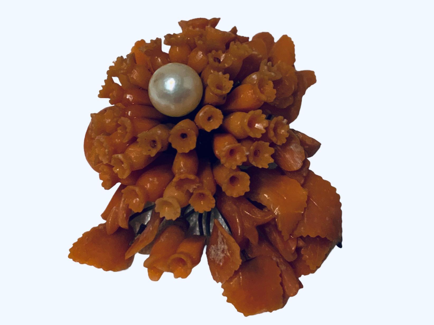 Mixed Cut 19th Century Hand Carved Coral And Pearl Pendant For Sale