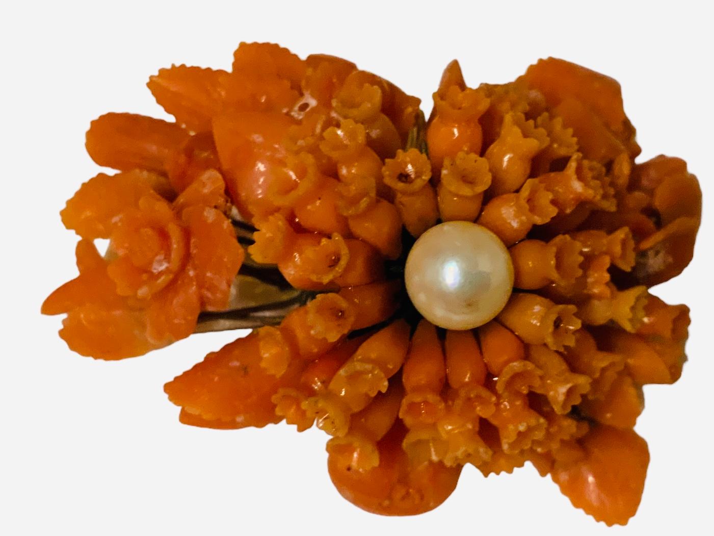 19th Century Hand Carved Coral And Pearl Pendant  For Sale 1