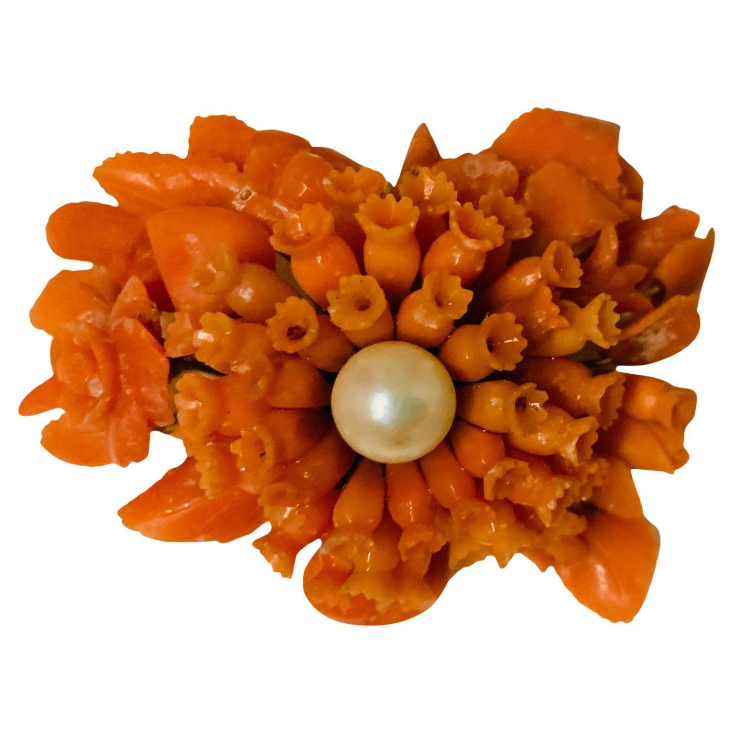 19th Century Hand Carved Coral And Pearl Pendant  For Sale