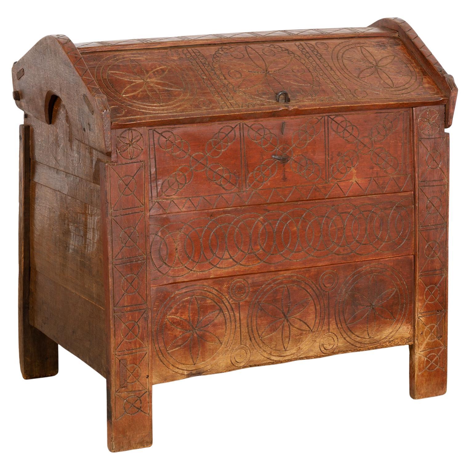 19th Century Hand Carved Dome Top Oak Trunk, Hungary