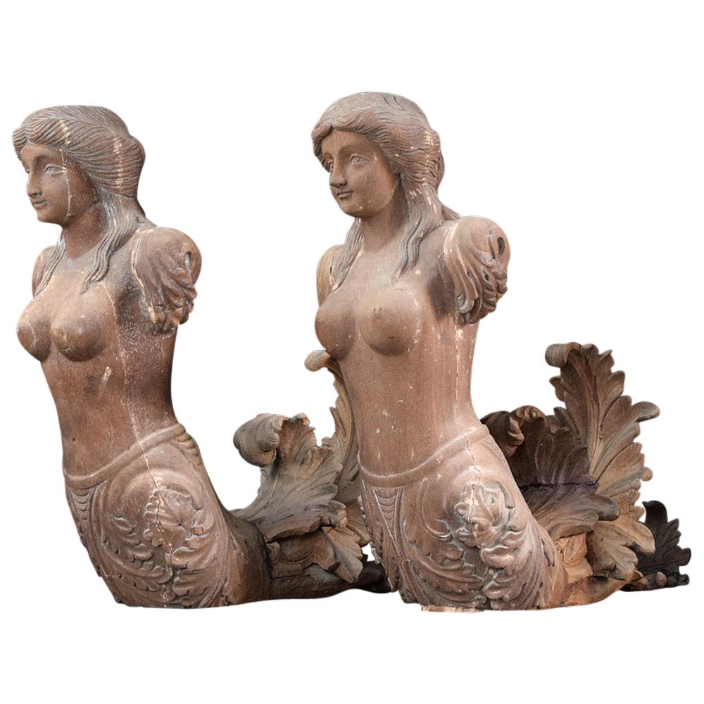 19th Century Hand Carved English Estate Mermaid Architectural Fragment Figures