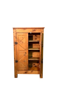 19th-Century Hand-Carved Fir Wood Cabinet with Decorated Double Doors