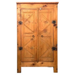 19th-Century Hand-Carved Fir Wood Cabinet with Decorated Double Doors