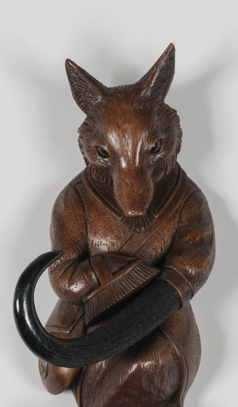 Swiss 19th Century Hand-Carved Fox 'Black Forest' Coat Hook For Sale