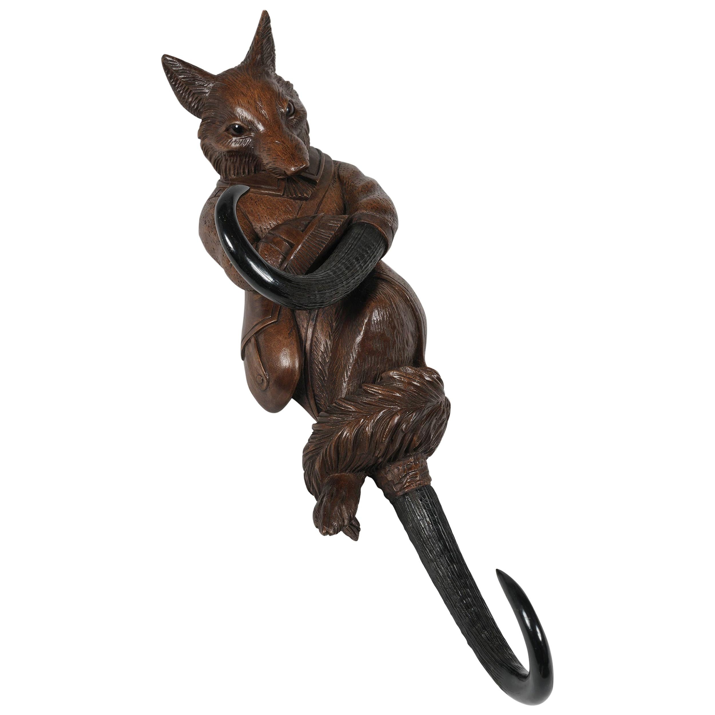 19th Century Hand-Carved Fox 'Black Forest' Coat Hook