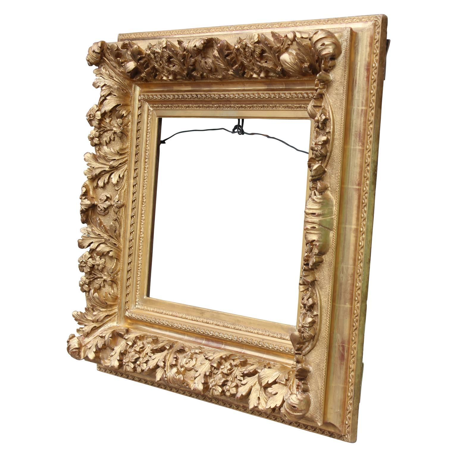 Gorgeous 19th century highly carved French Baroque / Florentine style gilt frame. Absolutely stunning. Would make a lovely frame for a mirror or painting. Purchased at Sotheby's. 

Dimensions of the inside of the frame:
24 in W x 17 in H.

 