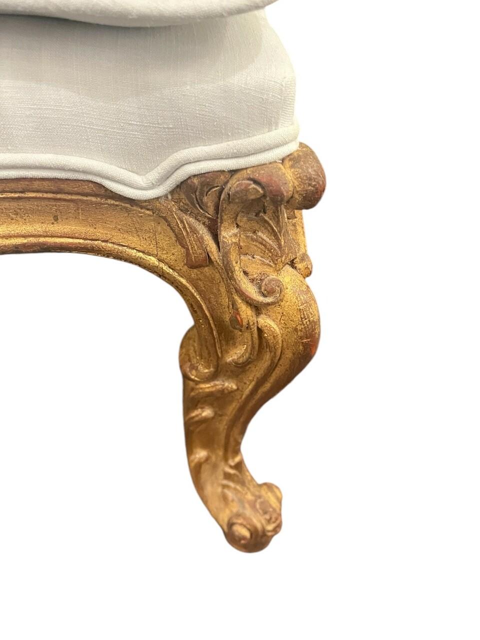 French Provincial 19th Century Hand Carved French Gold Gilt Ottoman For Sale