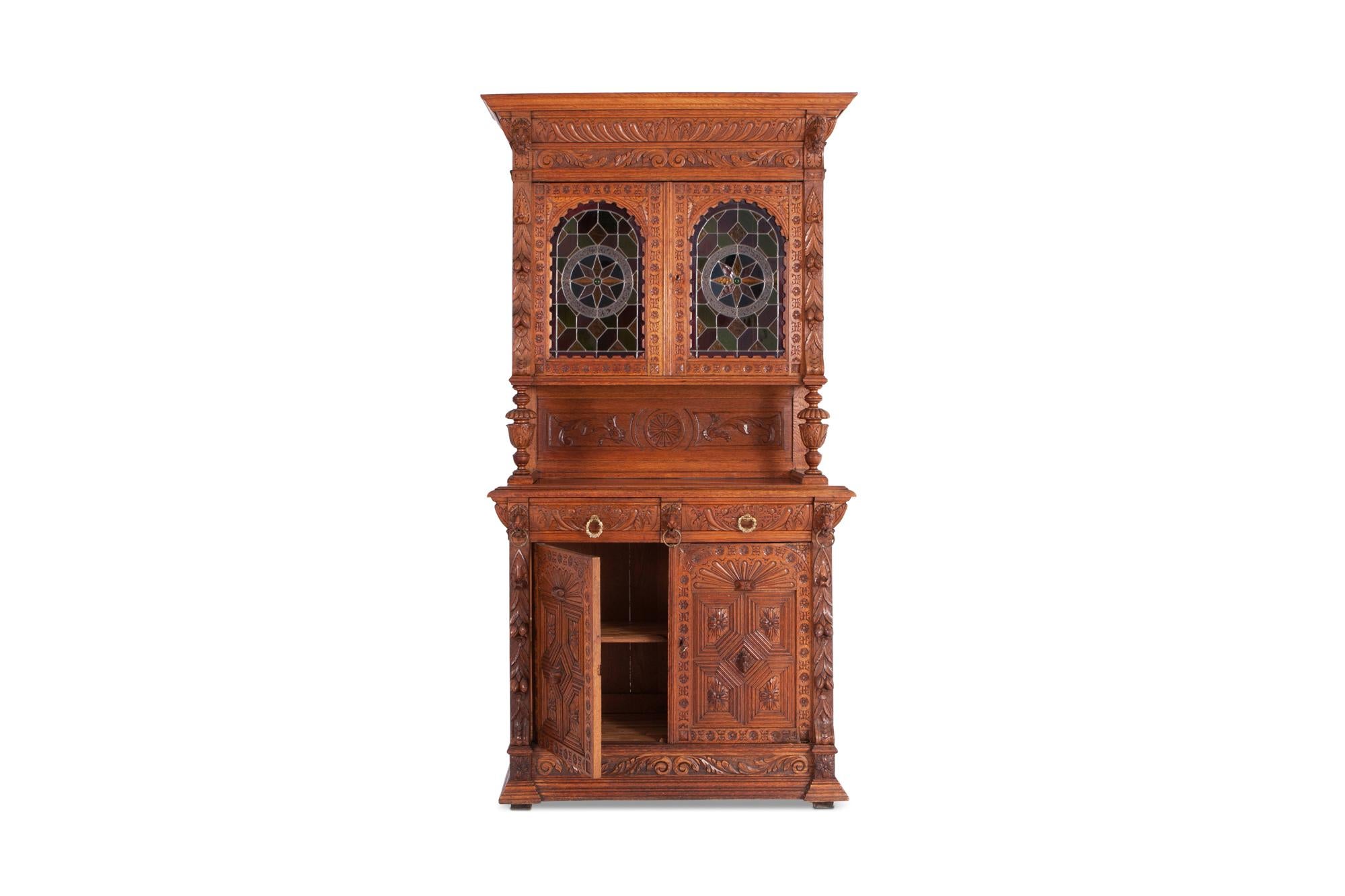 Belgian 19th Century Hand-Carved French Henri II Style Oak Cabinet