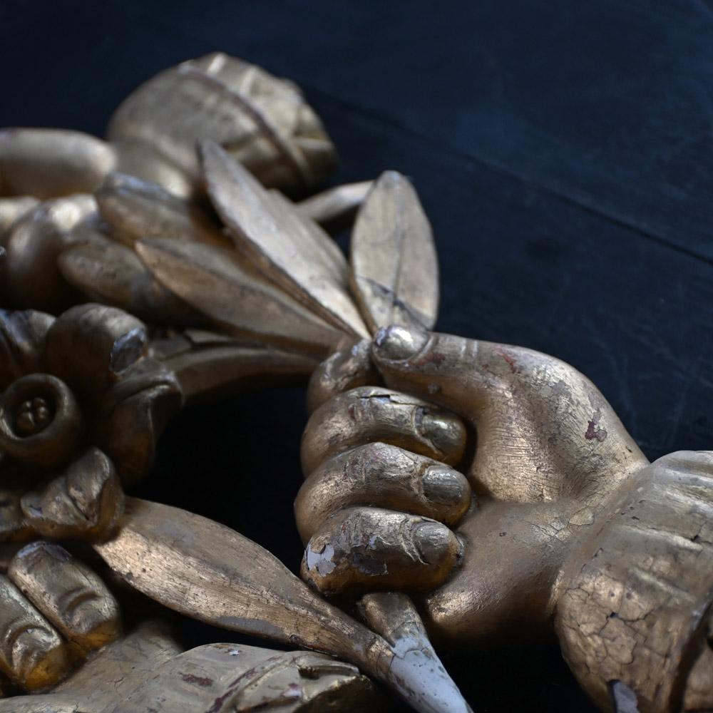 19th Century hand carved gesso over pine curtain pole ends. 2