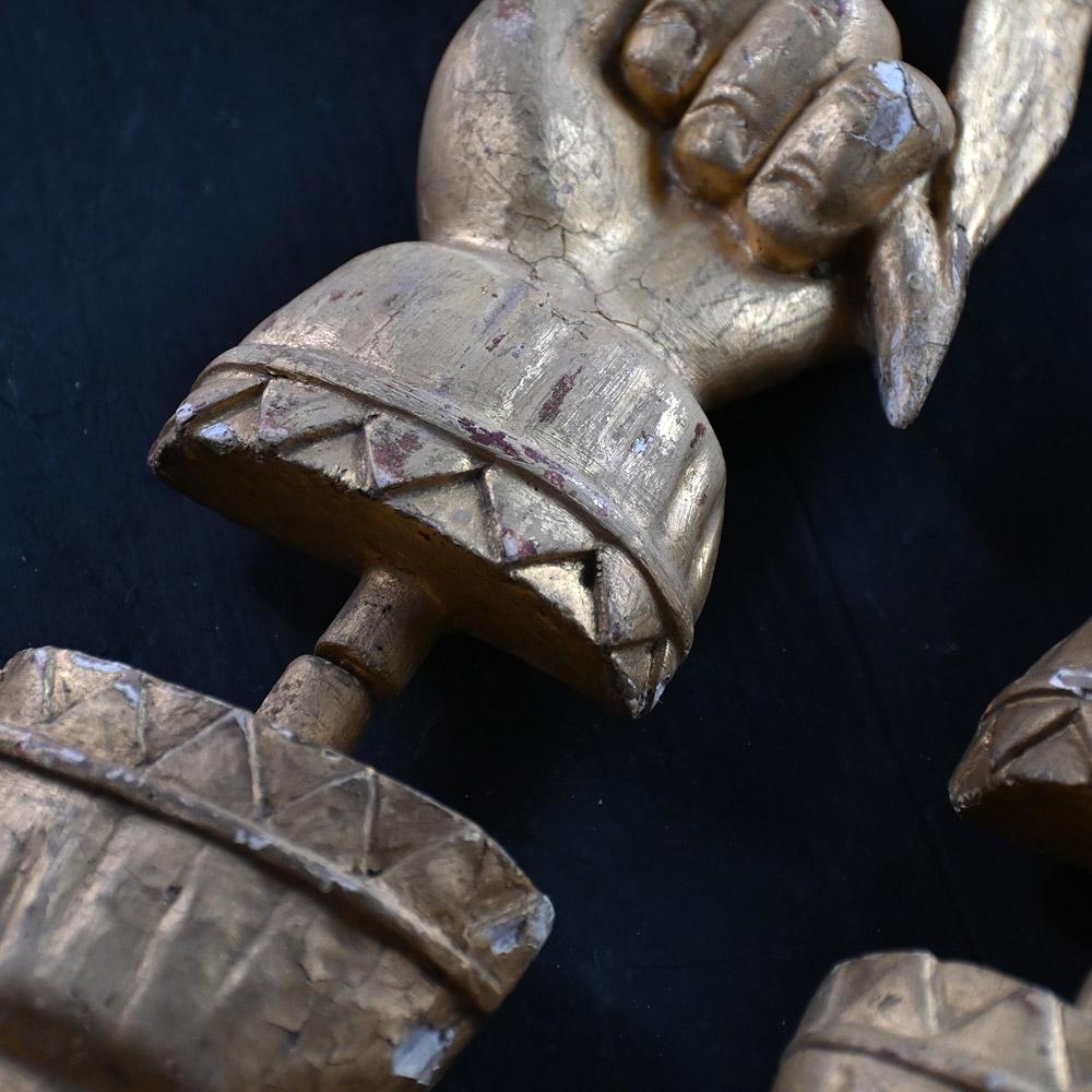 Early Victorian 19th Century hand carved gesso over pine curtain pole ends.