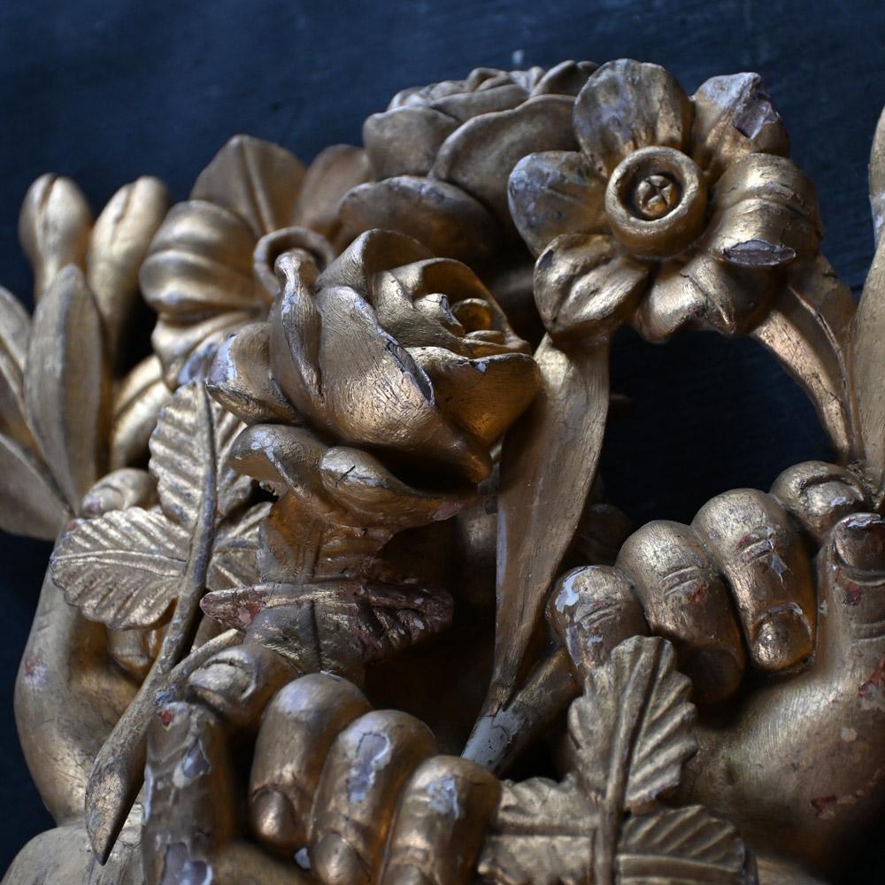 Pine 19th Century hand carved gesso over pine curtain pole ends.