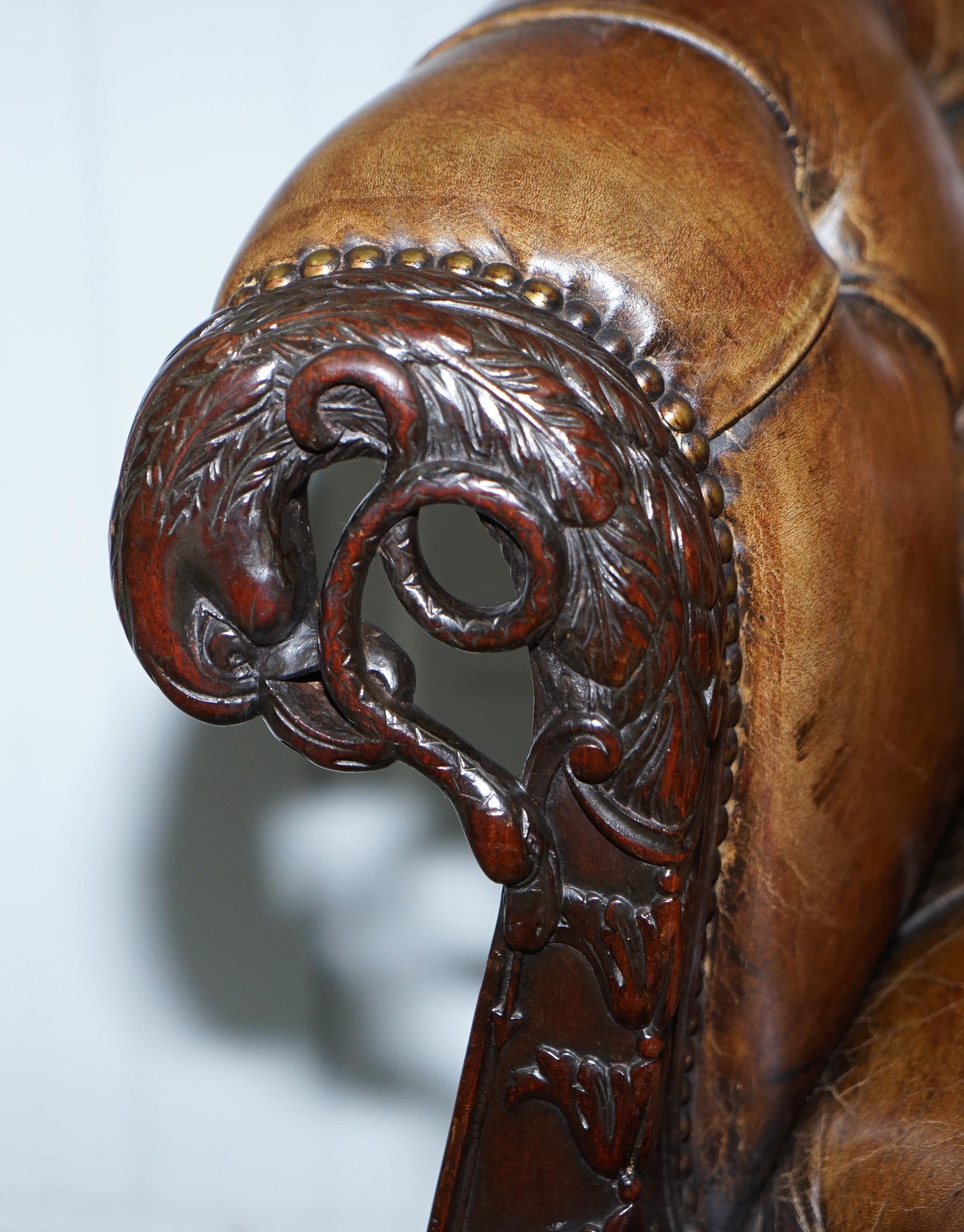 19th Century Hand Carved Hawk Claw and Ball Feet Chesterfield Sofa Brown Leather For Sale 2