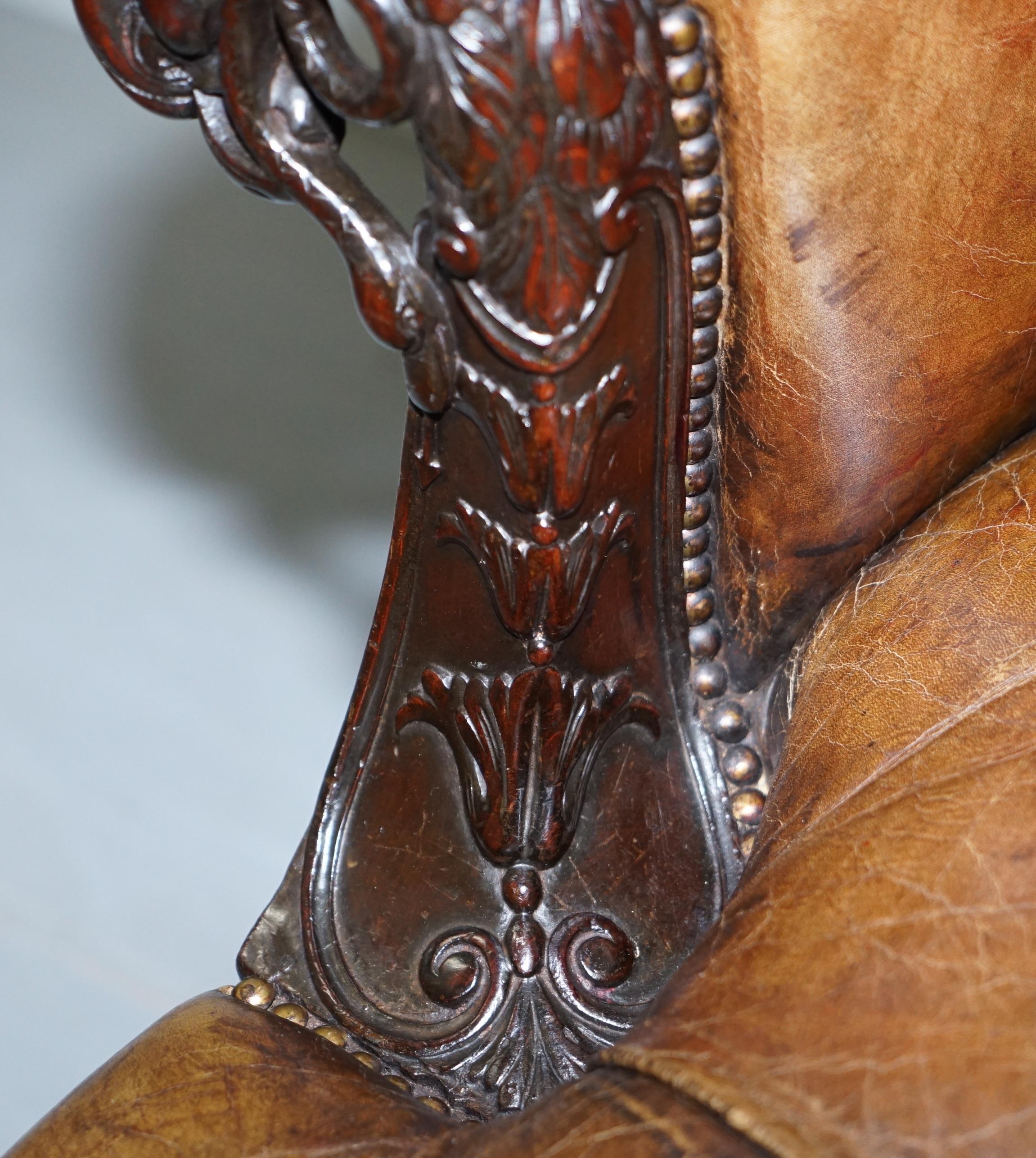 19th Century Hand Carved Hawk Claw and Ball Feet Chesterfield Sofa Brown Leather For Sale 3
