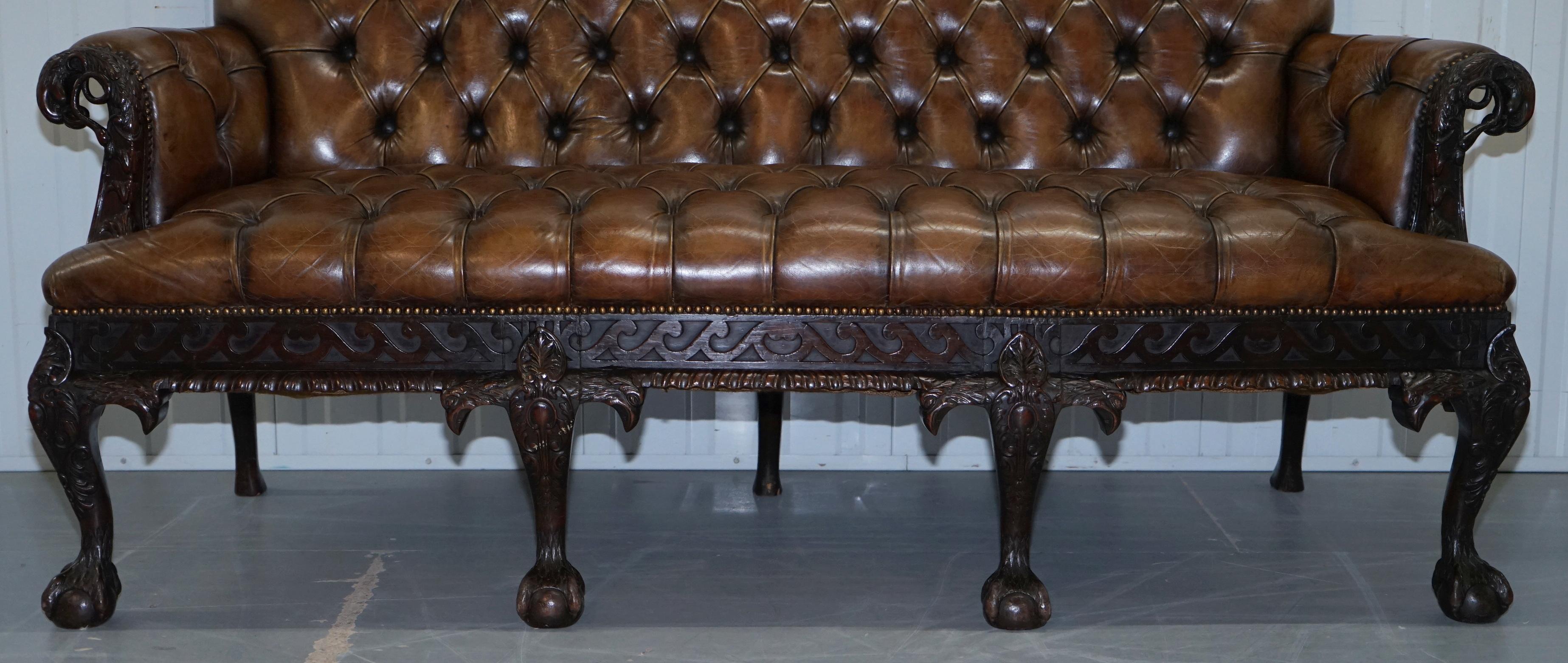 19th Century Hand Carved Hawk Claw and Ball Feet Chesterfield Sofa Brown Leather For Sale 4