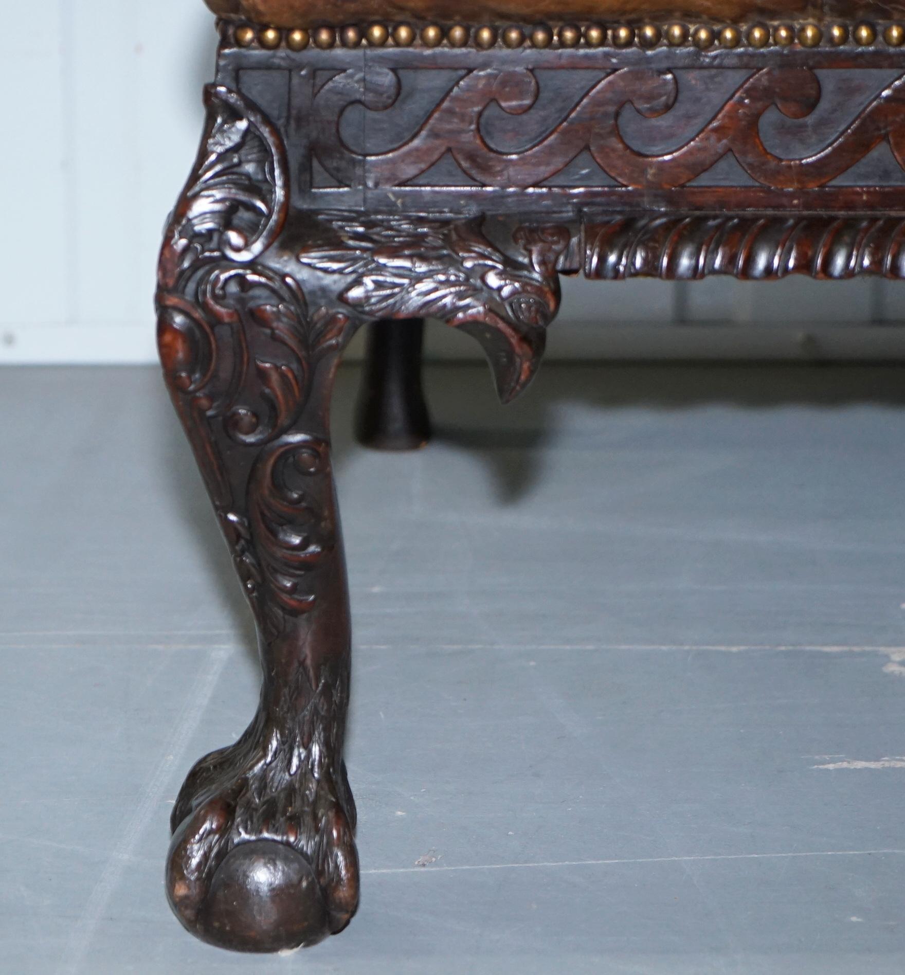 19th Century Hand Carved Hawk Claw and Ball Feet Chesterfield Sofa Brown Leather For Sale 5
