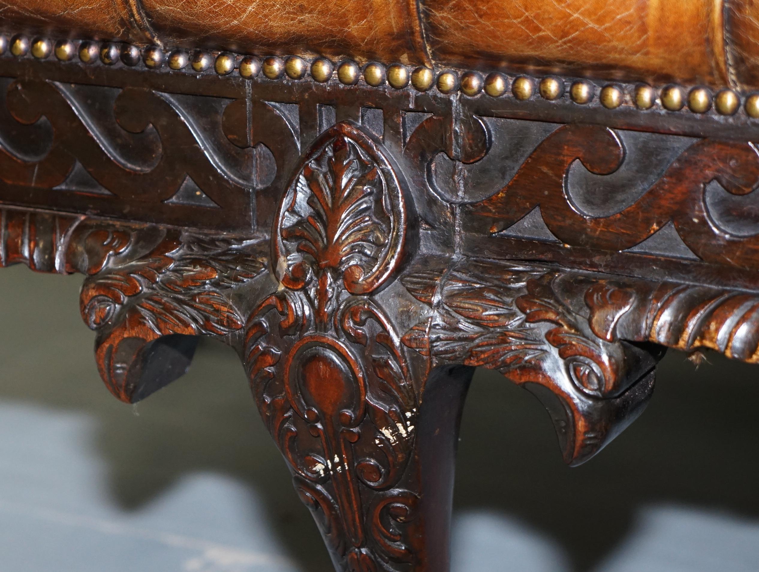 19th Century Hand Carved Hawk Claw and Ball Feet Chesterfield Sofa Brown Leather For Sale 7
