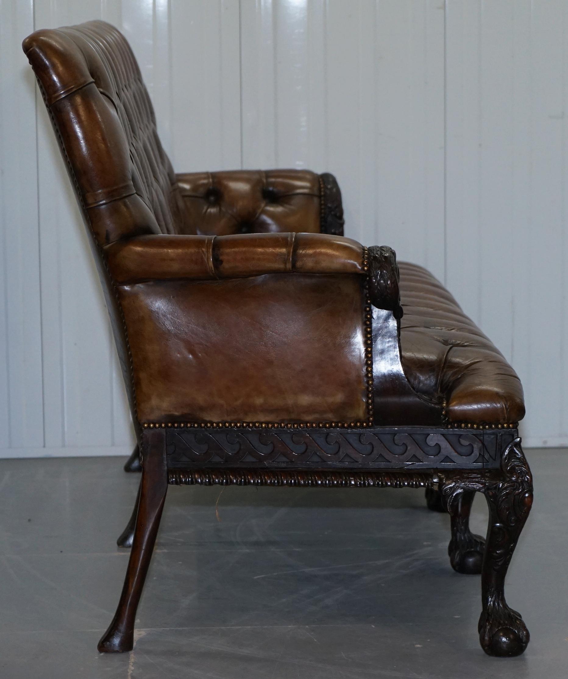 19th Century Hand Carved Hawk Claw and Ball Feet Chesterfield Sofa Brown Leather For Sale 10