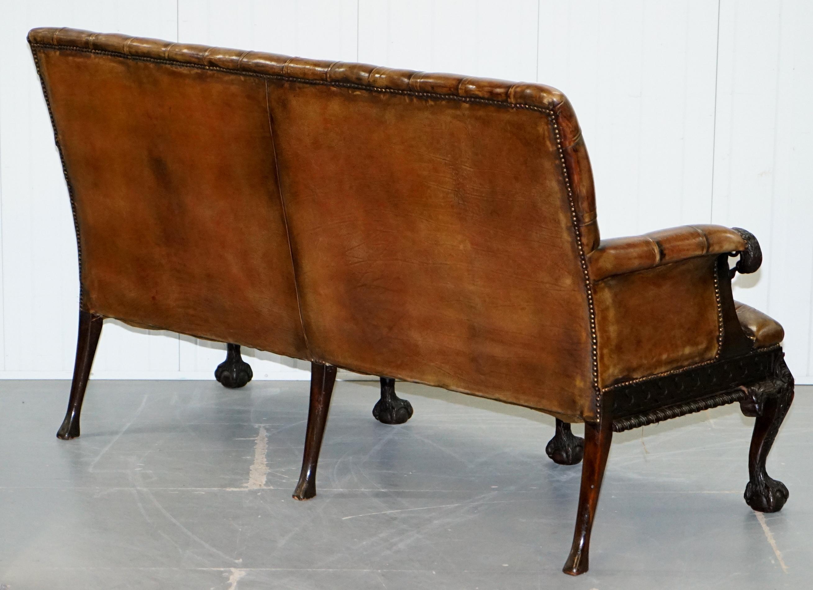 19th Century Hand Carved Hawk Claw and Ball Feet Chesterfield Sofa Brown Leather For Sale 11