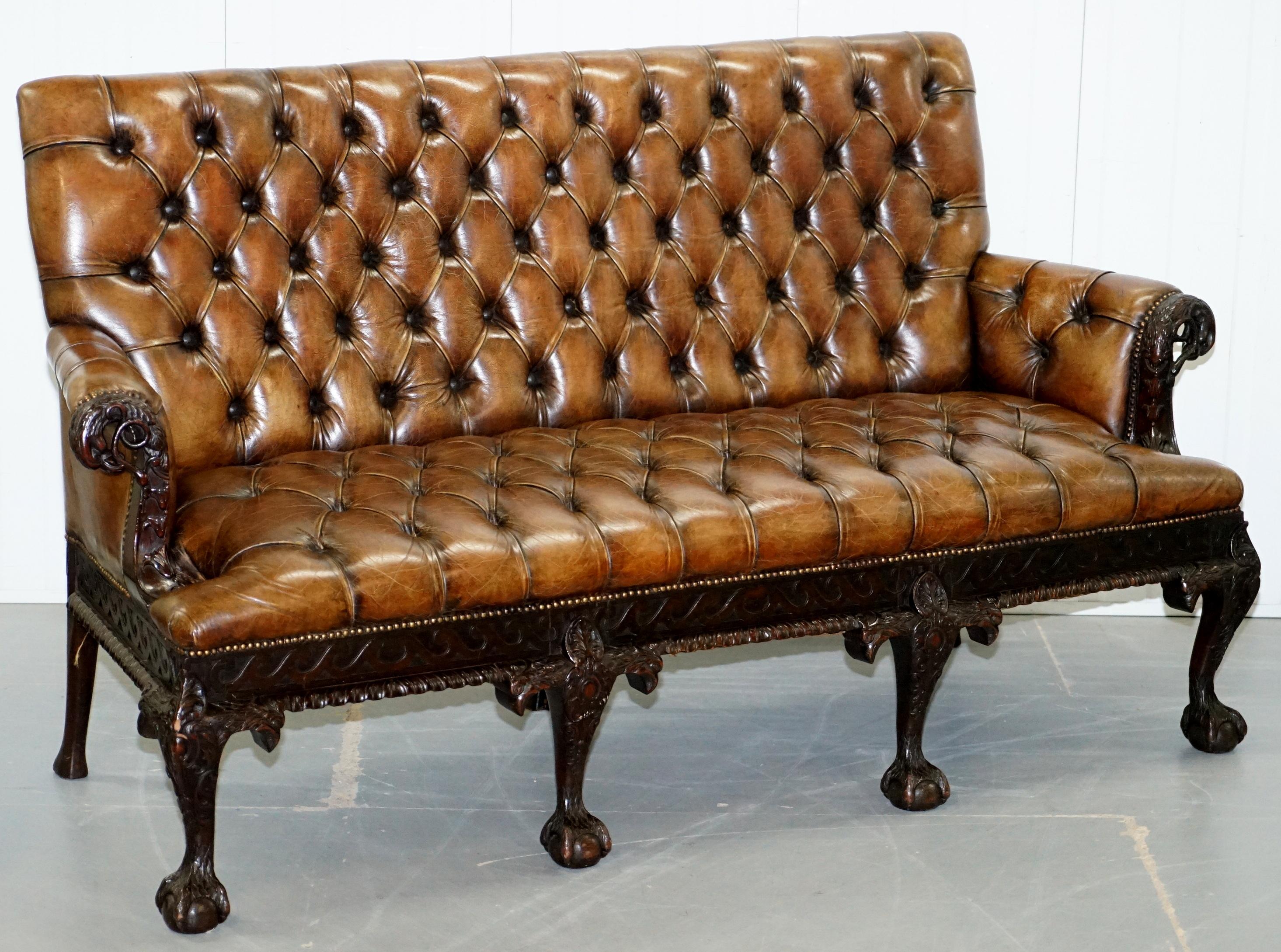 We are delighted to offer for sale this absolutely stunning Georgian Irish style Victorian Chesterfield brown leather sofa with hand carved Lion hairy paw feet and eagle detailing 

I’ve never seen another of this quality style and charm, it is
