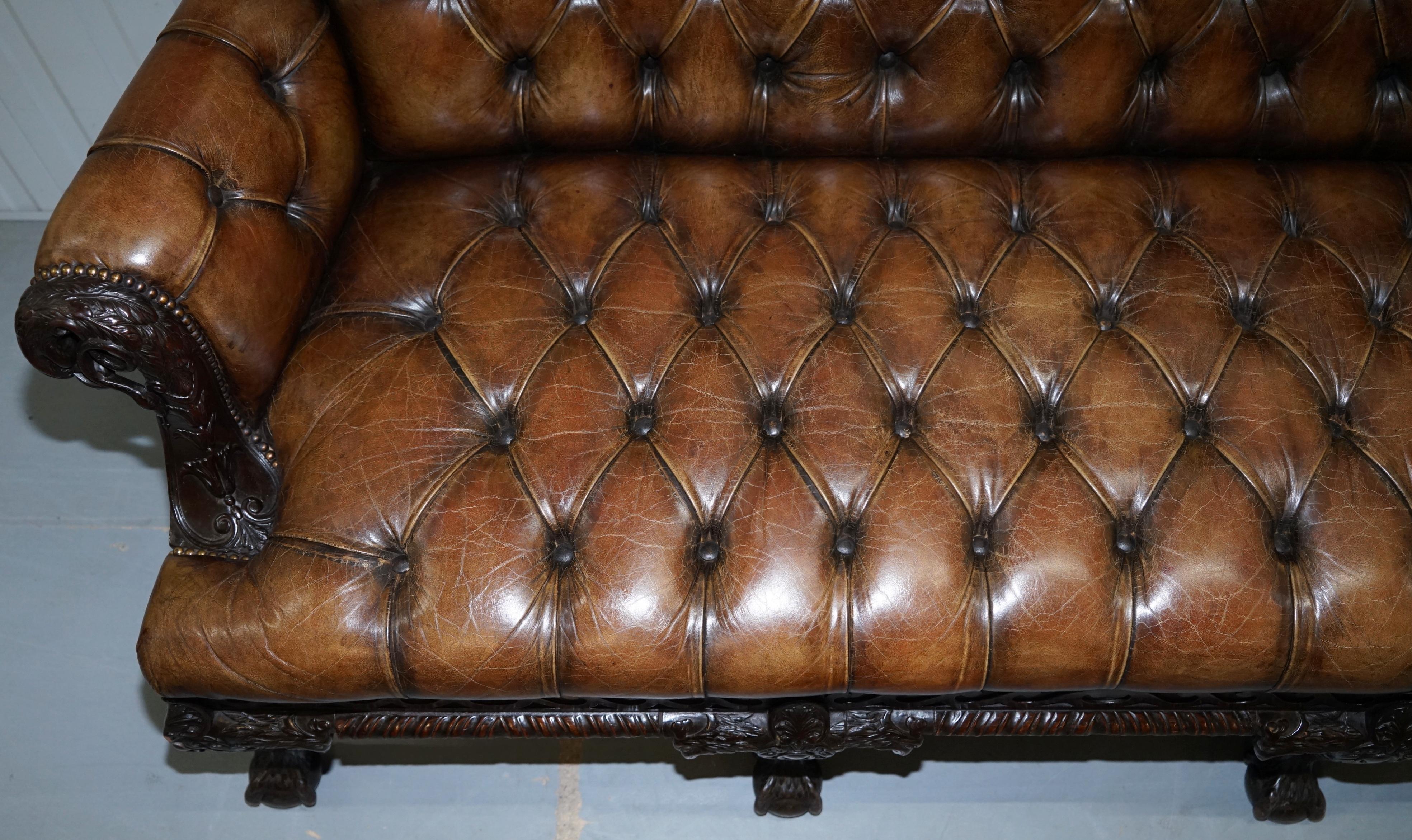 English 19th Century Hand Carved Hawk Claw and Ball Feet Chesterfield Sofa Brown Leather For Sale