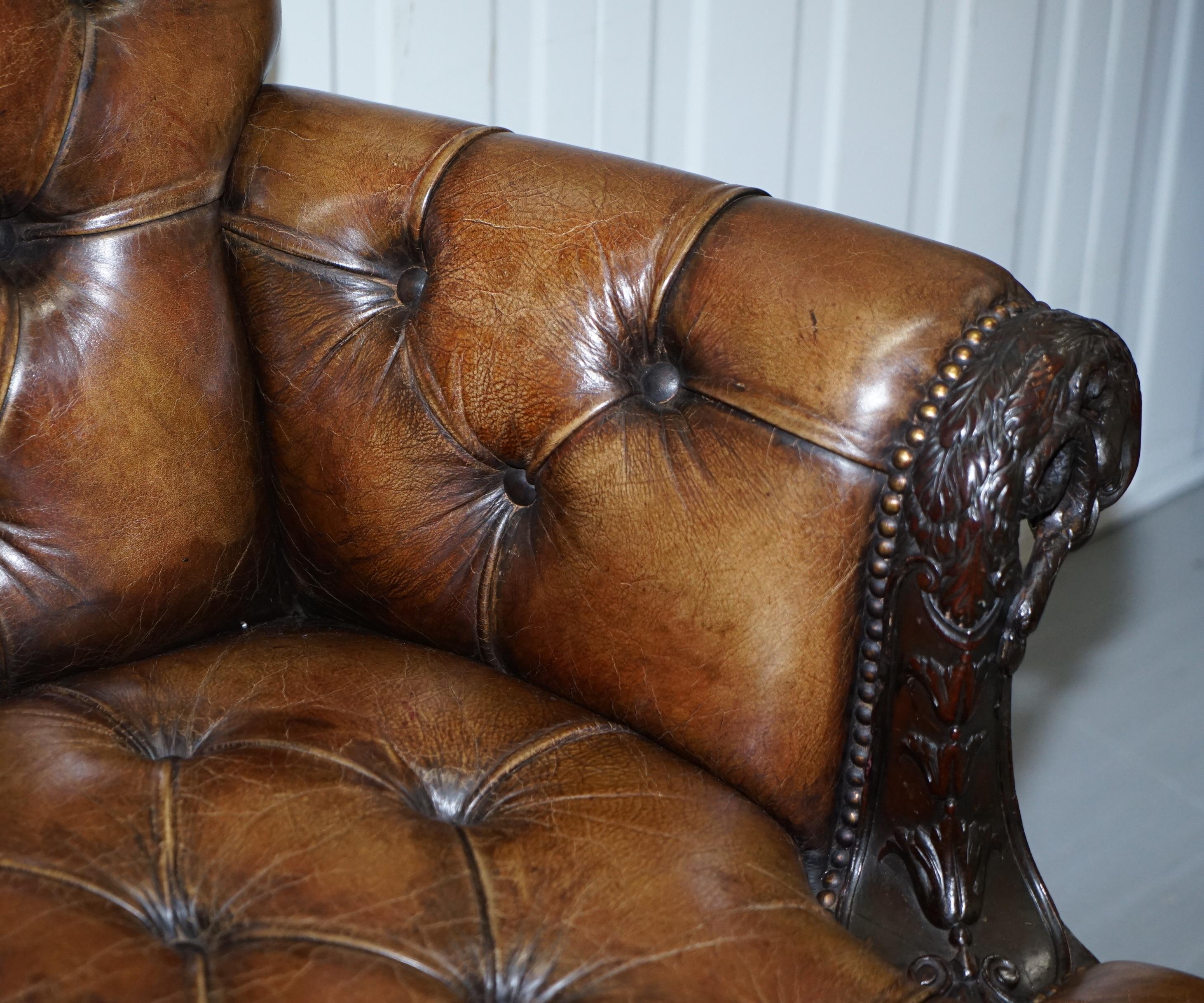 Hand-Crafted 19th Century Hand Carved Hawk Claw and Ball Feet Chesterfield Sofa Brown Leather For Sale