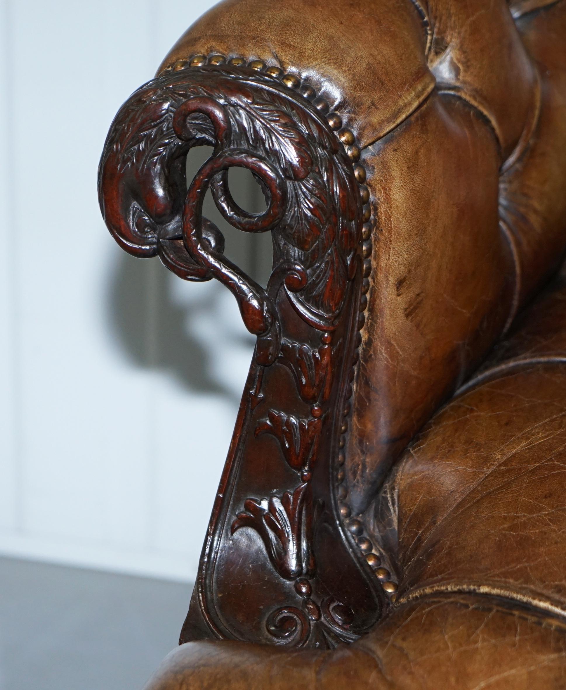 19th Century Hand Carved Hawk Claw and Ball Feet Chesterfield Sofa Brown Leather For Sale 1