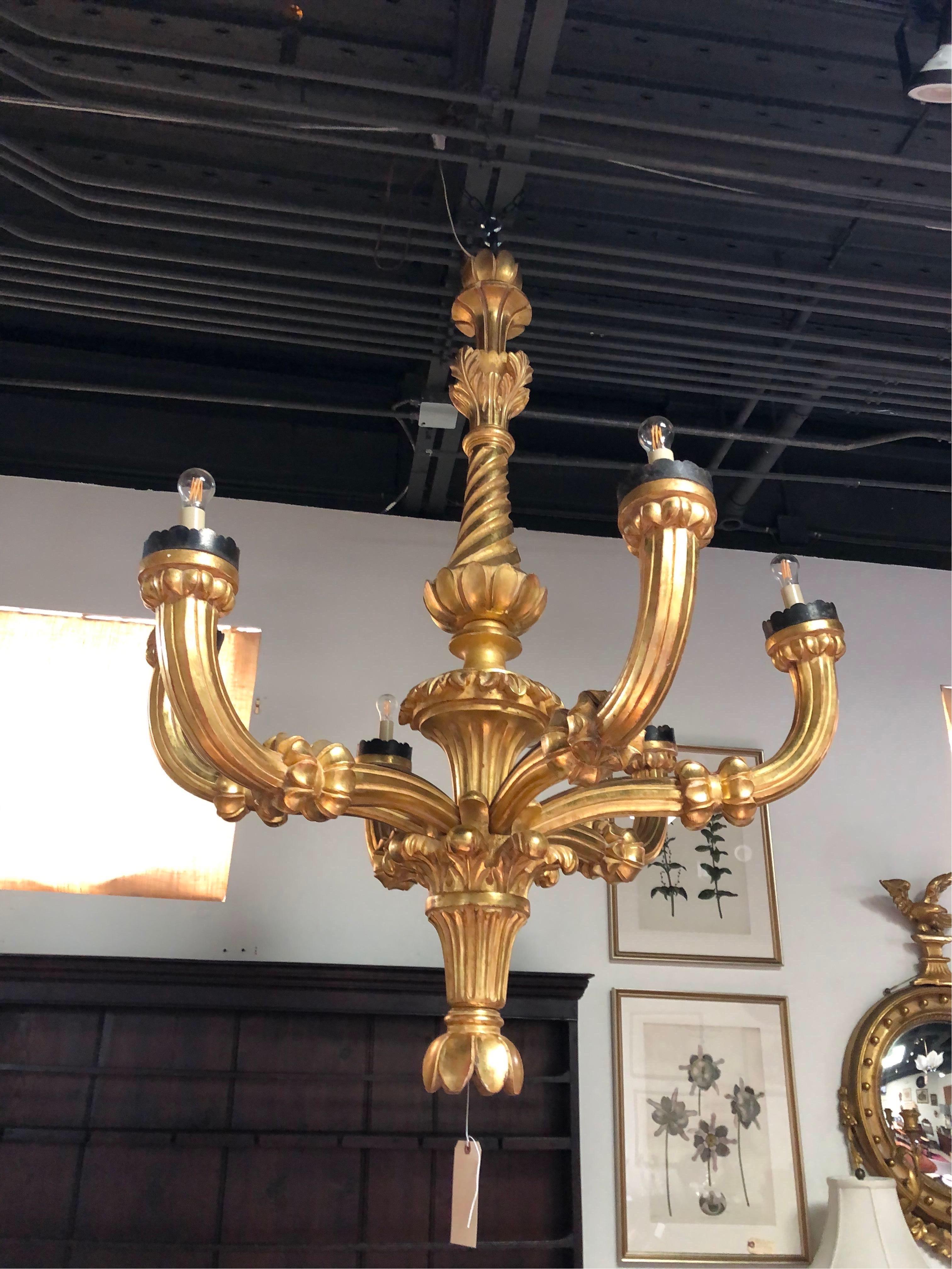 Impressive 19th Century Hand Carved Italian Giltwood Chandelier In Good Condition In Charleston, SC