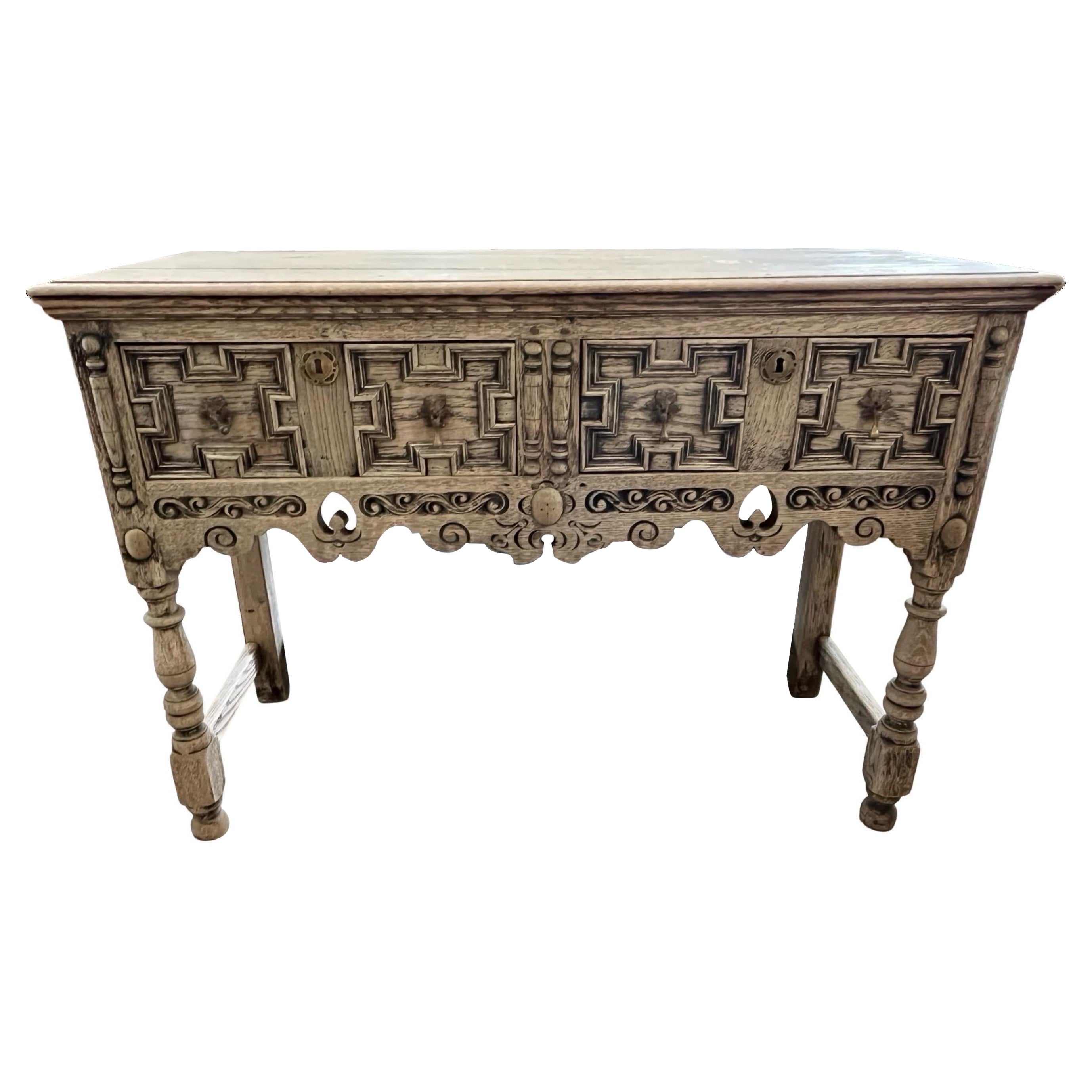 19th Century Hand-Carved Jacobean Bleached Oak Console Table For Sale