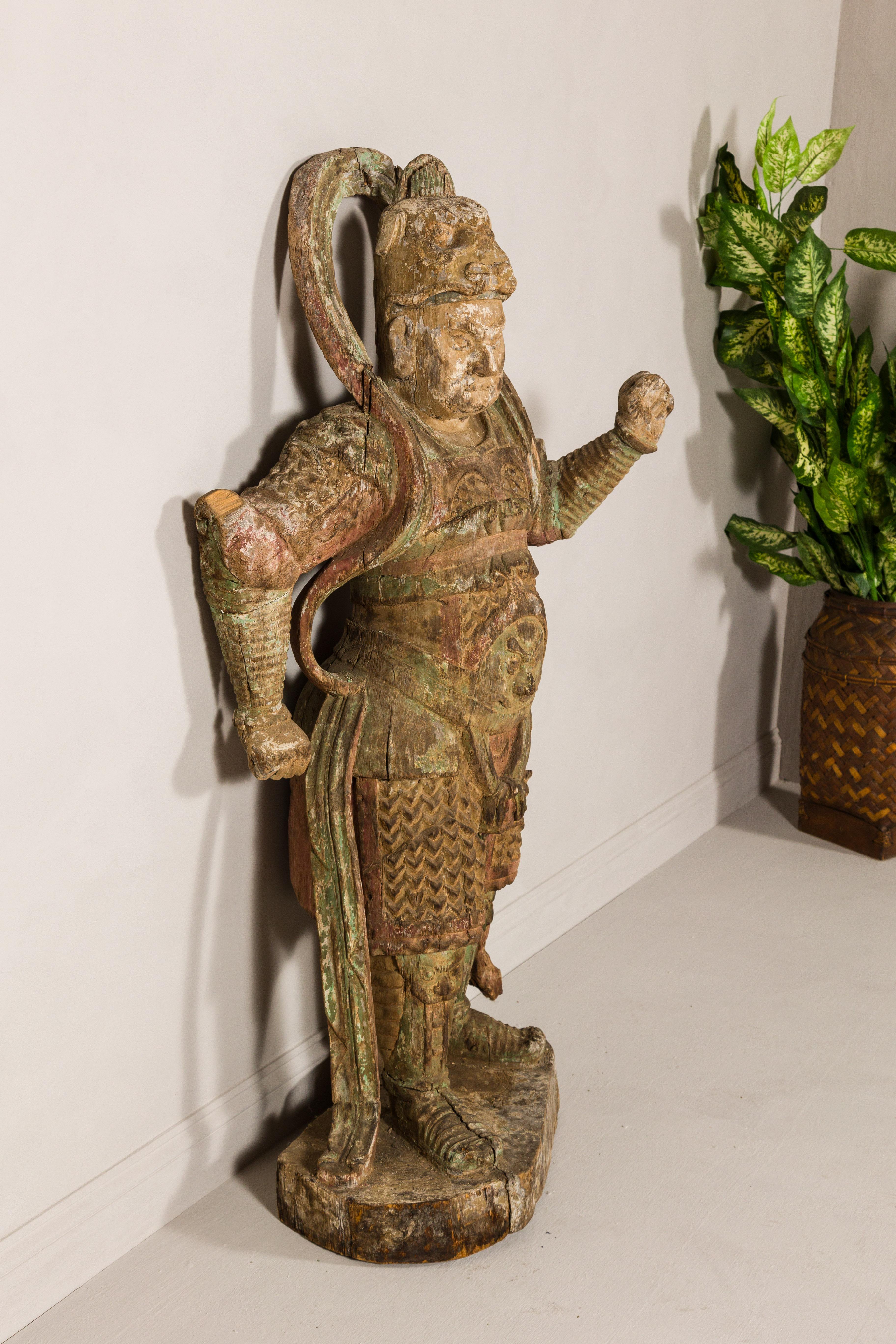 19th Century Hand Carved Japanese Samurai Sculpture with Traces of Polychromy For Sale 8