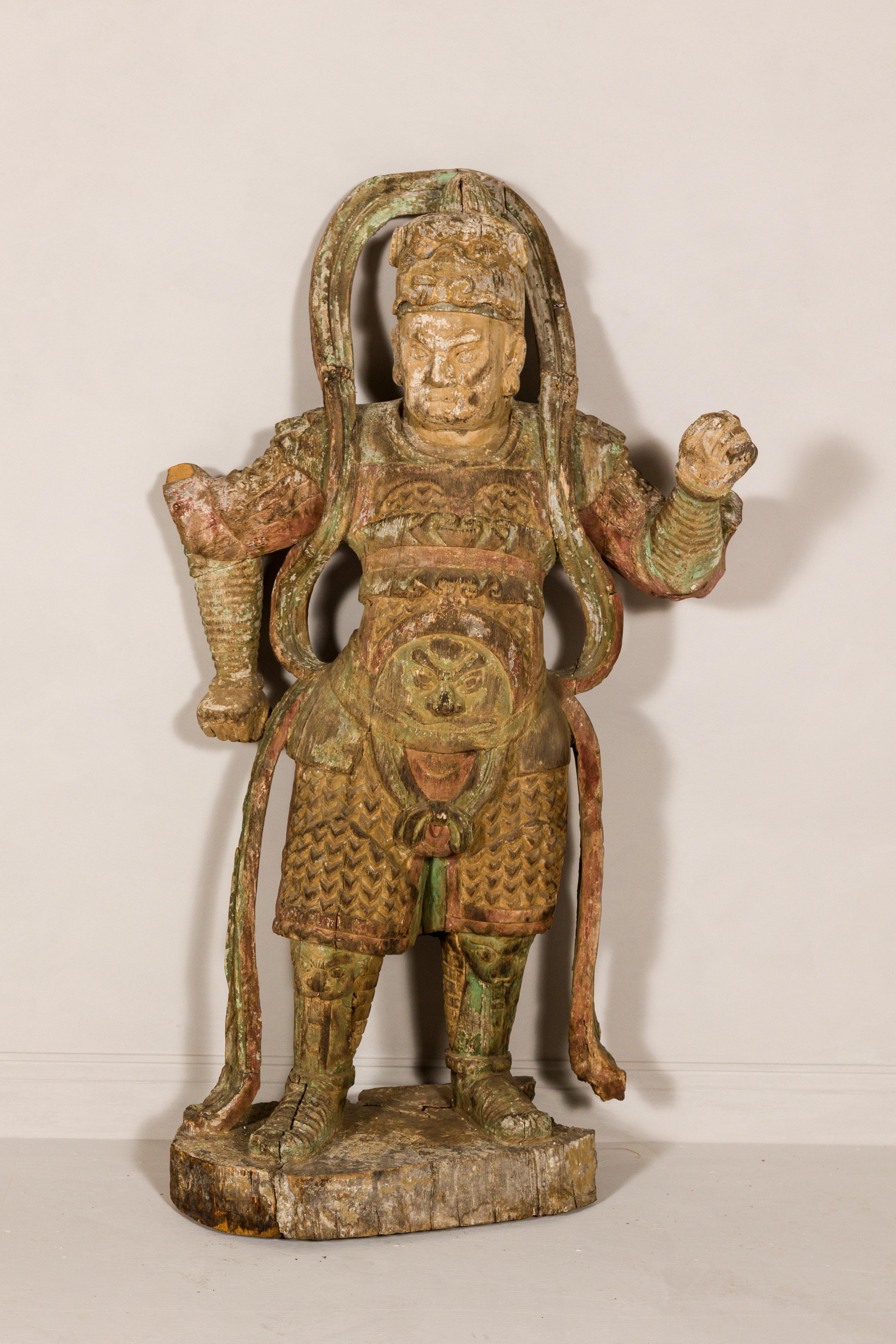 Hand-Carved 19th Century Hand Carved Japanese Samurai Sculpture with Traces of Polychromy For Sale