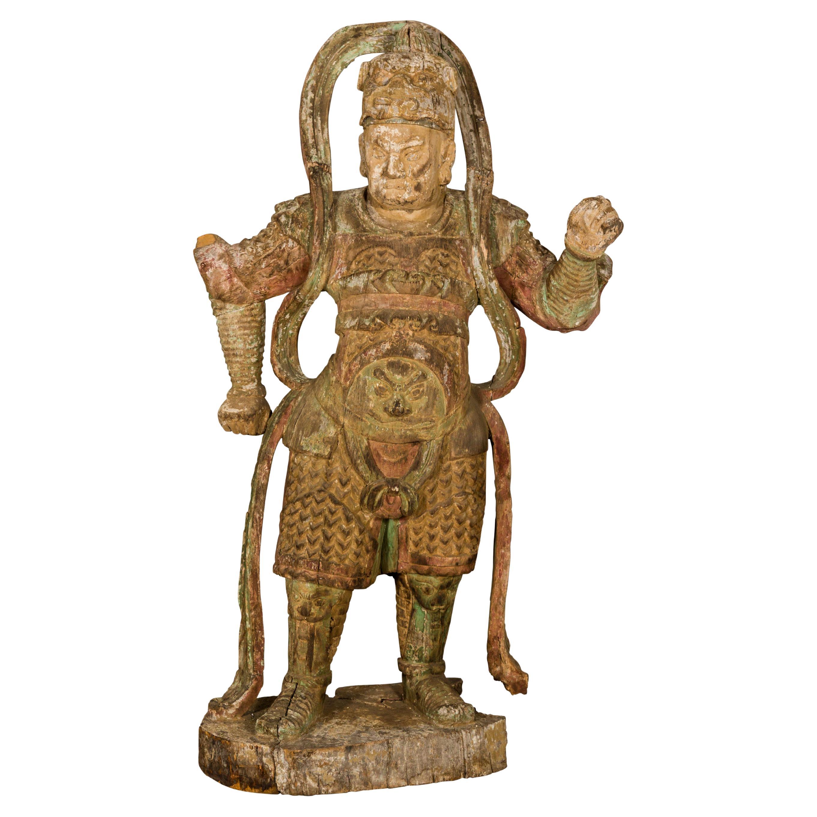 19th Century Hand Carved Japanese Samurai Sculpture with Traces of Polychromy For Sale