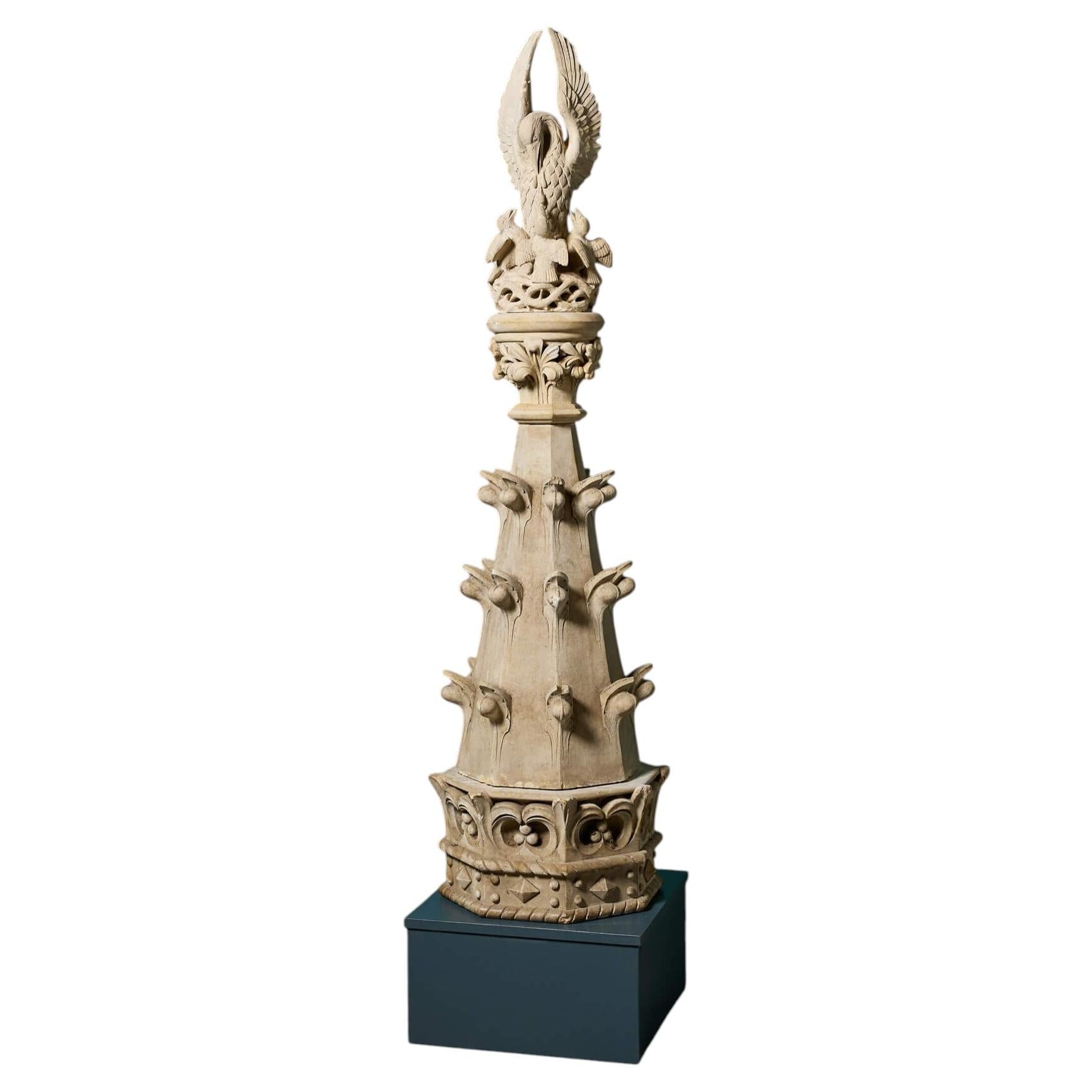 19th Century Hand Carved Limestone Pinnacle Depicting The Pelican In Her Piety