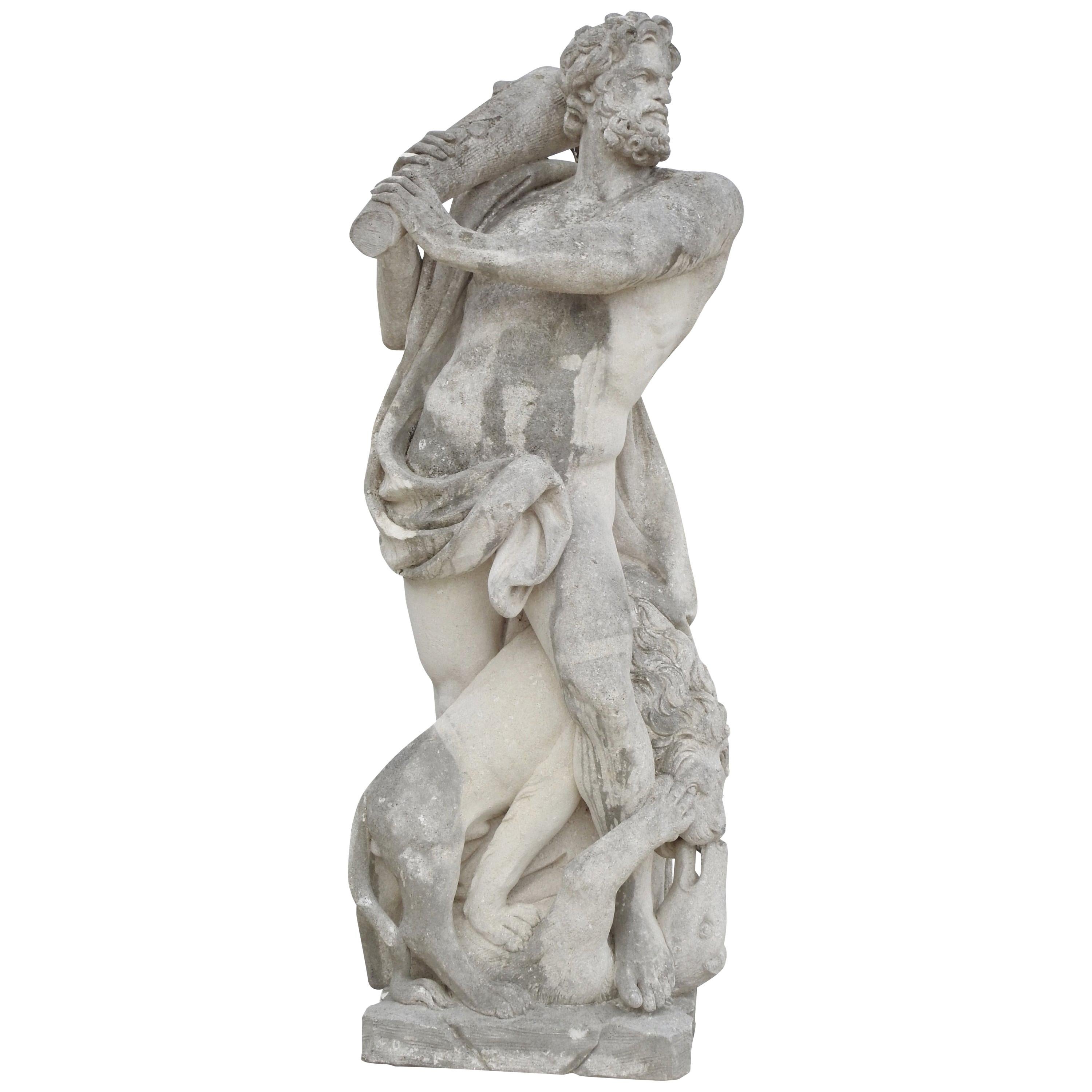 19th Century Hand Carved Limestone Statue Hercules "The Kill" For Sale
