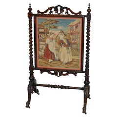 19th Century Hand Carved Mahogany and Petit Point Fire Screen