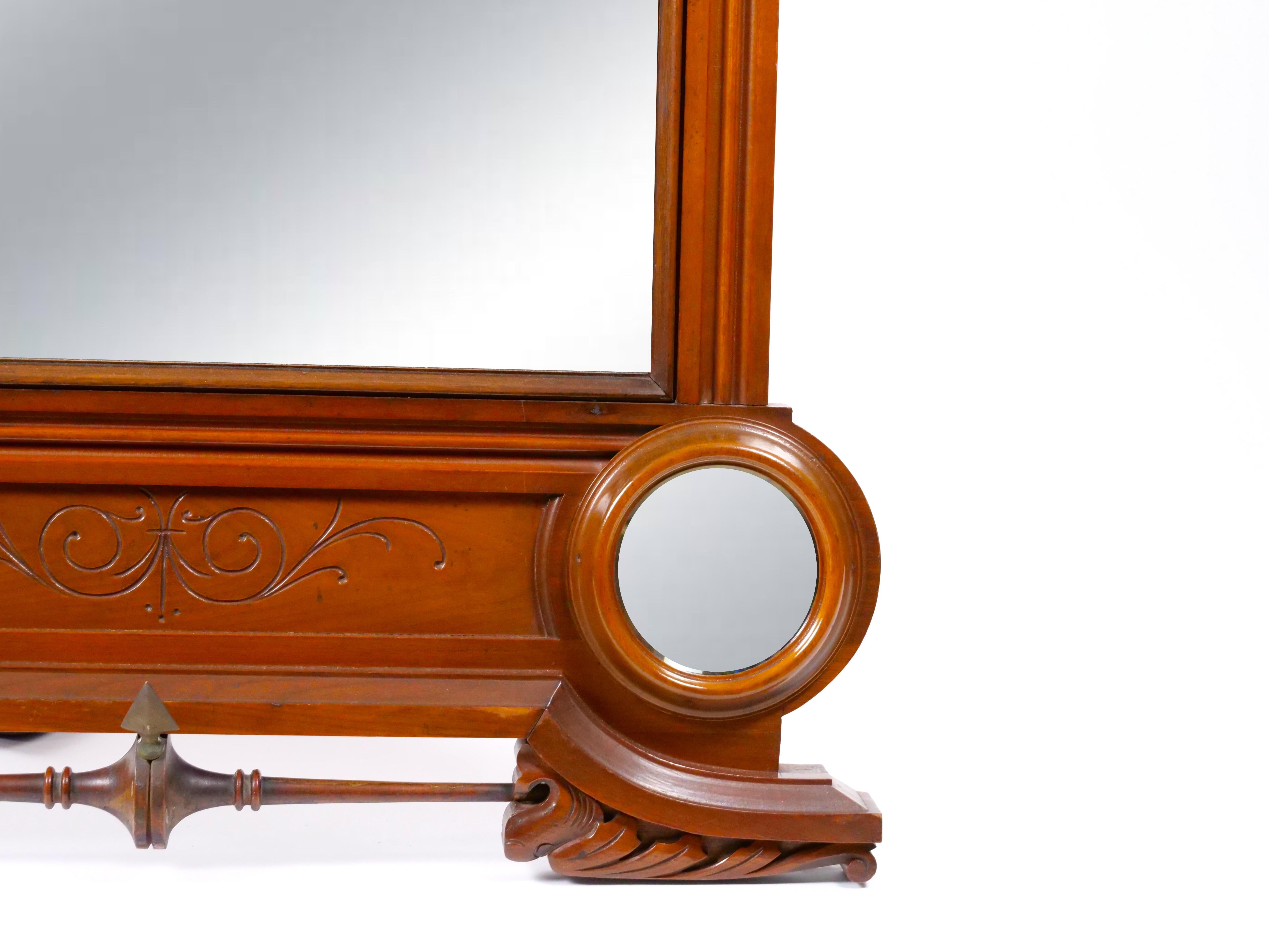Brass 19th Century Hand Carved Mahogany Frame Wall Mirror For Sale